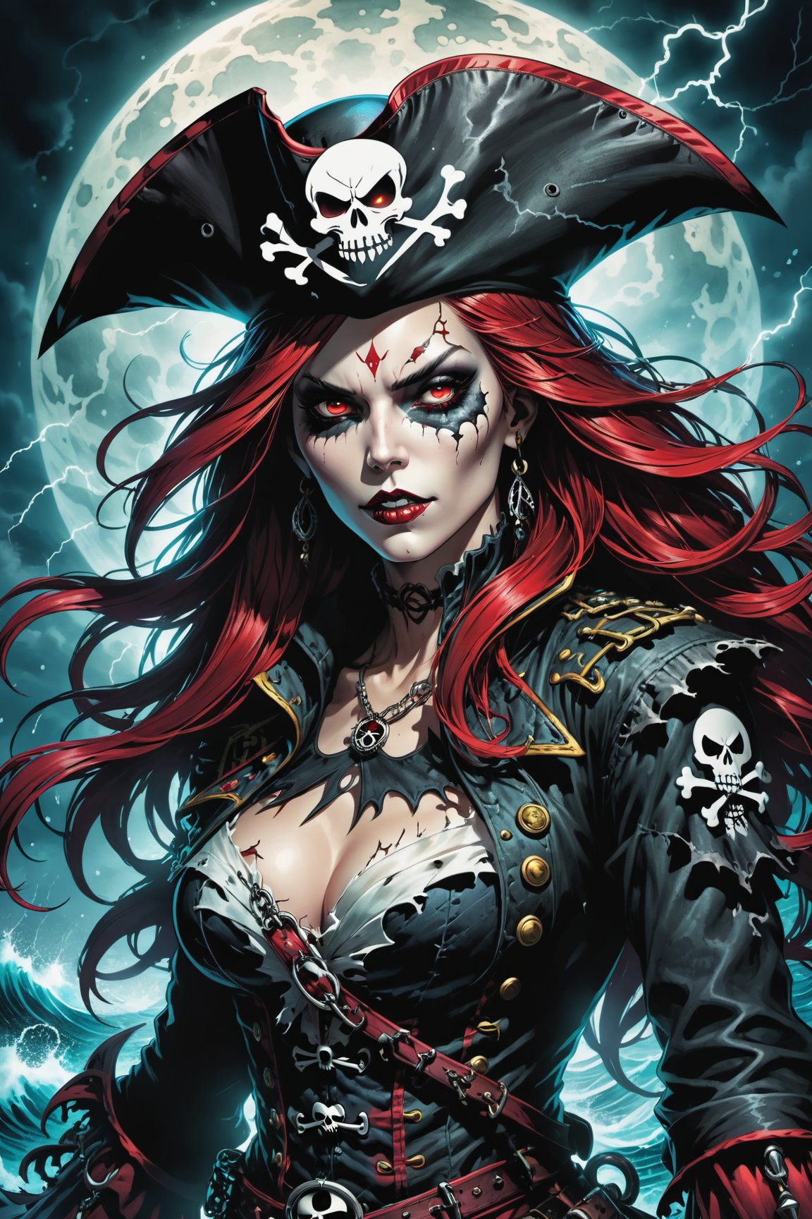 midshot, cel-shading style, centered image, ultra detailed illustration of the comic character ((Female Spawn ,A visually stunning and eerie double exposure artwork, featuring a semi-silhouette of a sinister skull-faced pirate figure. The figure dons a captivating pirate hat adorned with skull and crossbones, with glowing red eyes that exude evil intent. The female pirate's silhouette reveals the intricate detailing of a ghostly pirate ship within, complete with tattered sails fluttering in the wind. The stormy ocean is filled with lightning, and the full moon casts a vibrant glow across the scene, illuminating the ship's rigging and the dark waves. The background is a deep black, allowing the intricate details and vibrant colors to stand out, creating a truly mesmerizing and conceptual dark fantasy masterpiece., portrait photography, photo, illustration, vibrant, conceptual art, dark fantasy by Todd McFarlane)), posing,  ((Full Body)), ((perfect hands)), ((accurate number of fingers)), (tetradic colors), inkpunk, ink lines, strong outlines, art by MSchiffer, bold traces, unframed, high contrast, cel-shaded, vector, 4k resolution, best quality, (chromatic aberration:1.8)