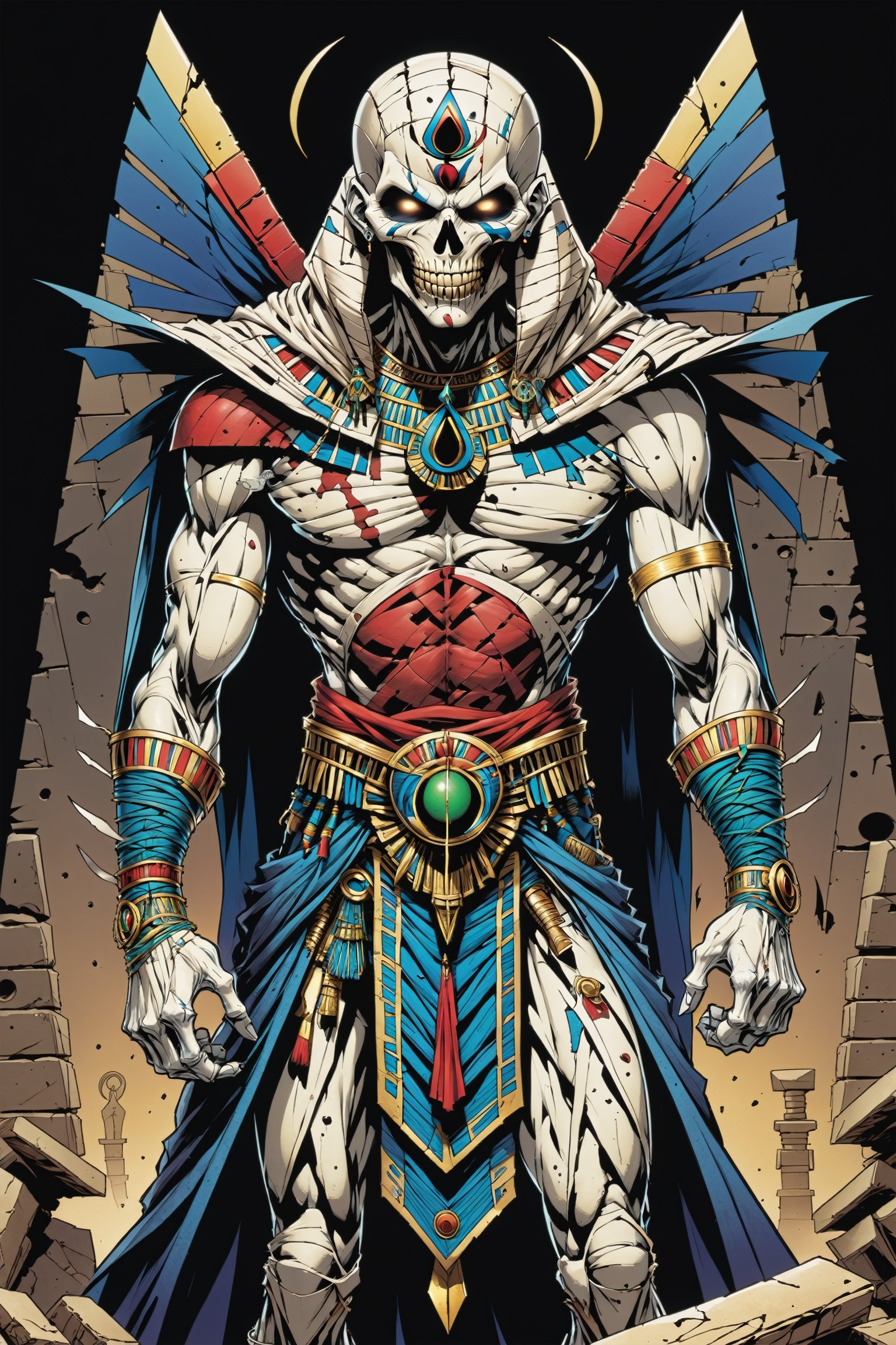 midshot, cel-shading style, centered image, ultra detailed illustration of the comic character ((male Spawn Egyptian mummy, by Todd McFarlane)), posing, wrapped in tattered bandages all over the body, ((Full Body)), inside pyramid, (tetradic colors), inkpunk, ink lines, strong outlines, art by MSchiffer, bold traces, unframed, high contrast, cel-shaded, vector, 4k resolution, best quality, (chromatic aberration:1.8)