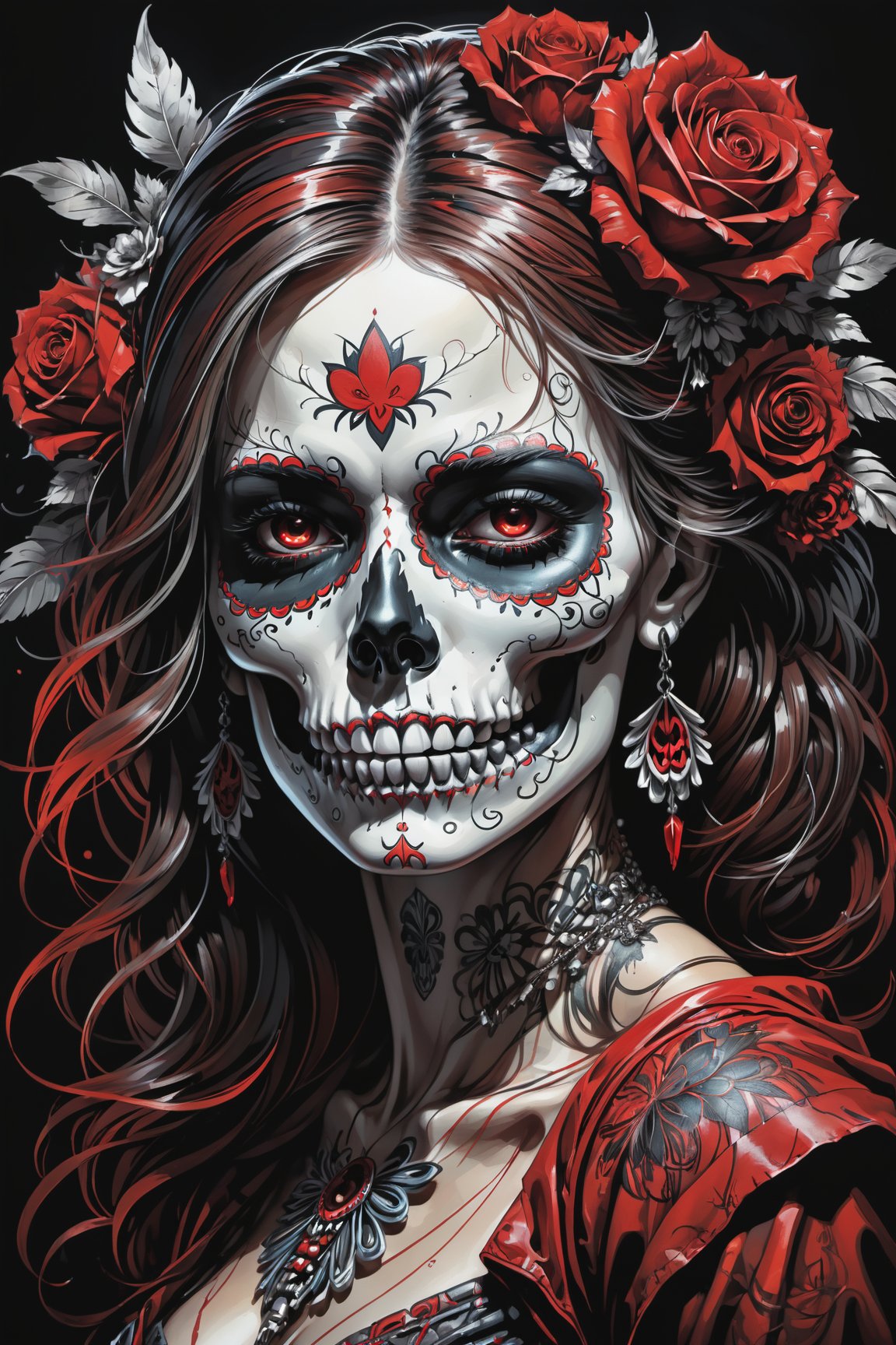 cel-shading style, centered image, ultra detailed illustration of the comic character (( a Very detailed illustration of a ((best quality)), ((masterpiece)), (detailed), mesmerizing, the skull, day of the dead art by linyu hong, in the style of dark white and red, graffiti art, realistic hyper-detail, intricate composition, monumental murals, silver and red, contemporary chicano(masterpiece, best quality, ultra-detailed) , unsettling atmosphere, high key lighting , vector Black, red, , staGlenn Brown, Carne Griffiths, Alex Ross, artgerm and james jean bangs, by Todd McFarlane)),  (((perfect hands))), (((dark Moody candlelight in the background))), accent of rust, (tetradic colors), inkpunk, ink lines, strong outlines, art by MSchiffer, bold traces, unframed, high contrast, cel-shaded, vector, 4k resolution,