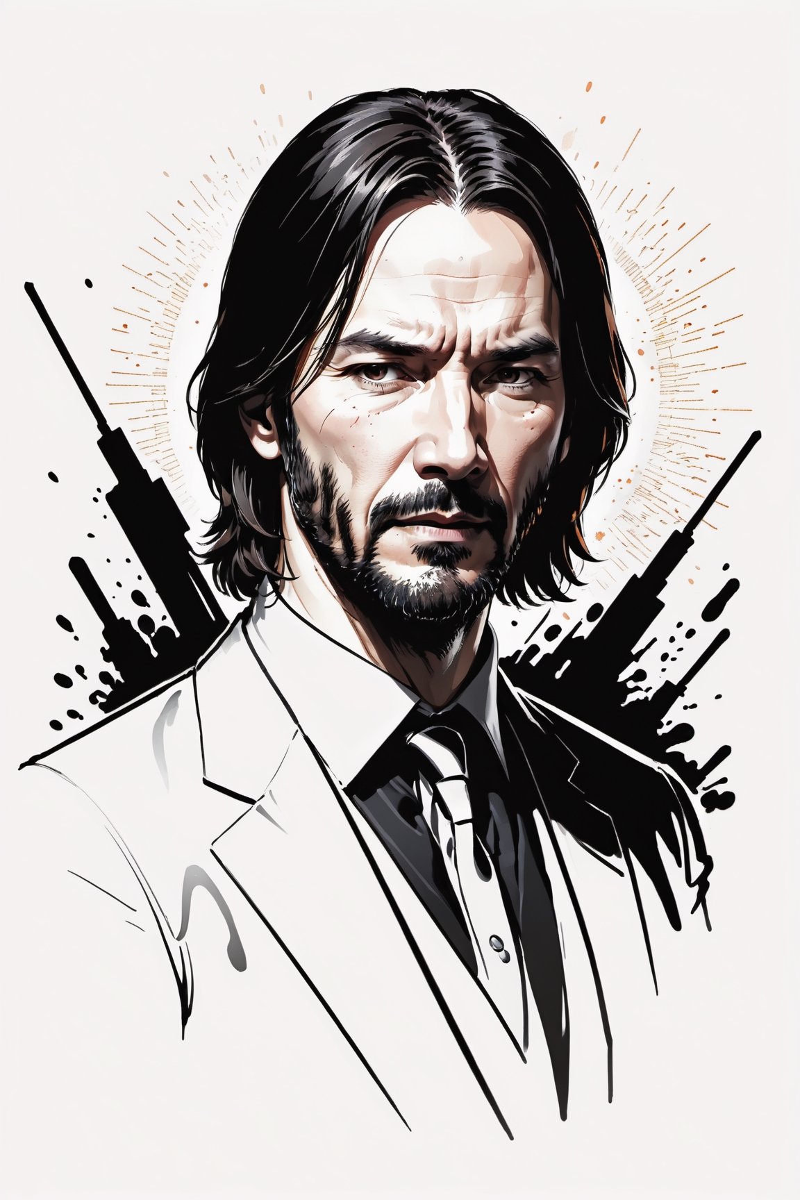 dark, gritty, realistic, mix of bold dark lines and loose lines, bold lines, on paper, turnaround character sheet, a stunningly beautiful (masterpiece, best quality:1.3), (2d:1.3), ink (medium), t-shirt design, black background, Full body, 2D illustration, John Wick, black color, (sharp lines), lines of bold ink, strong outlines, bold strokes, high contrast, (professional vector), best quality, flat colors, flat lights, no shadows, low levels, (gunpowder explosions), arcane symbols, runes, dark theme, Perfect composition golden ratio, masterpiece, best quality, 4k, sharp focus. Better hand, perfect anatomy, ((safe for work))