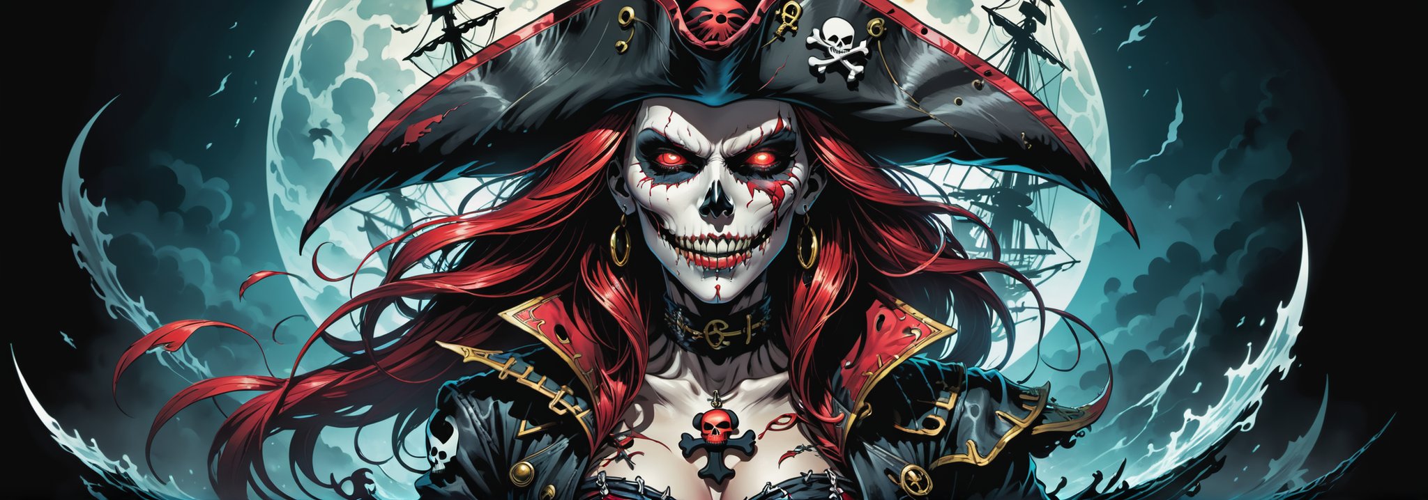 midshot, cel-shading style, centered image, ultra detailed illustration of the comic character ((Female Spawn ,A visually stunning and eerie double exposure artwork, featuring a semi-silhouette of a sinister skull-faced pirate figure. The figure dons a captivating pirate hat adorned with skull and crossbones, with glowing red eyes that exude evil intent. The female pirate's silhouette reveals the intricate detailing of a ghostly pirate ship within, complete with tattered sails fluttering in the wind. The stormy ocean is filled with lightning, and the full moon casts a vibrant glow across the scene, illuminating the ship's rigging and the dark waves. The background is a deep black, allowing the intricate details and vibrant colors to stand out, creating a truly mesmerizing and conceptual dark fantasy masterpiece., portrait photography, photo, illustration, vibrant, conceptual art, dark fantasy by Todd McFarlane)), posing,  ((Full Body)), ((perfect hands)), ((accurate number of fingers)), (tetradic colors), inkpunk, ink lines, strong outlines, art by MSchiffer, bold traces, unframed, high contrast, cel-shaded, vector, 4k resolution, best quality, (chromatic aberration:1.8)