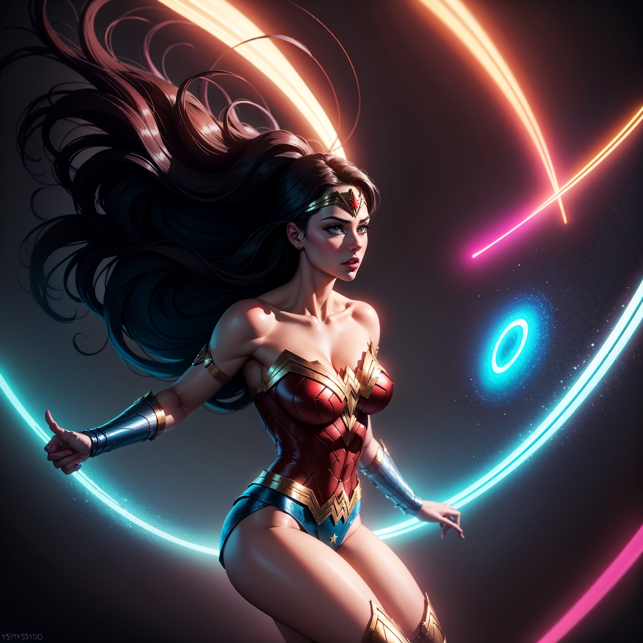 Wonder Woman (big tits) masterpiece, best quality, ((abstract, psychedelic, neon, background)),(creative:1.3), sy3, SMM, fantasy00d