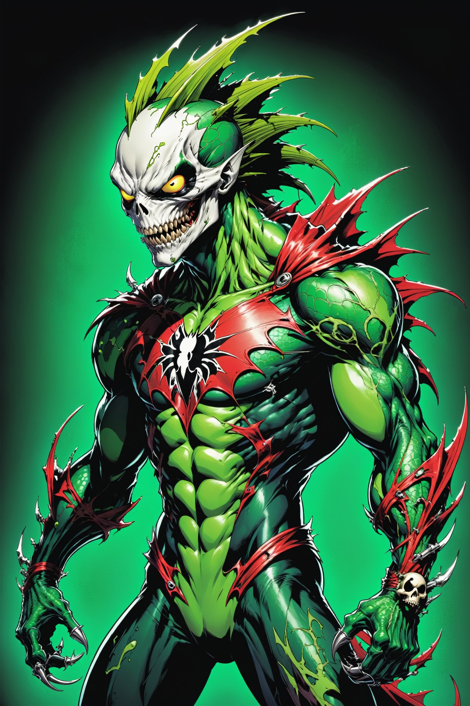 midshot, cel-shading style, centered image, ultra detailed illustration of the comic character ((Spawn lizard, by Todd McFarlane)), posing, green, light green, brown, and black body suit with a skull emblem, ((Full Body)) ,ornate background, (tetradic colors), inkpunk, ink lines, strong outlines, art by MSchiffer, bold traces, unframed, high contrast, cel-shaded, vector, 4k resolution, best quality, (chromatic aberration:1.8)