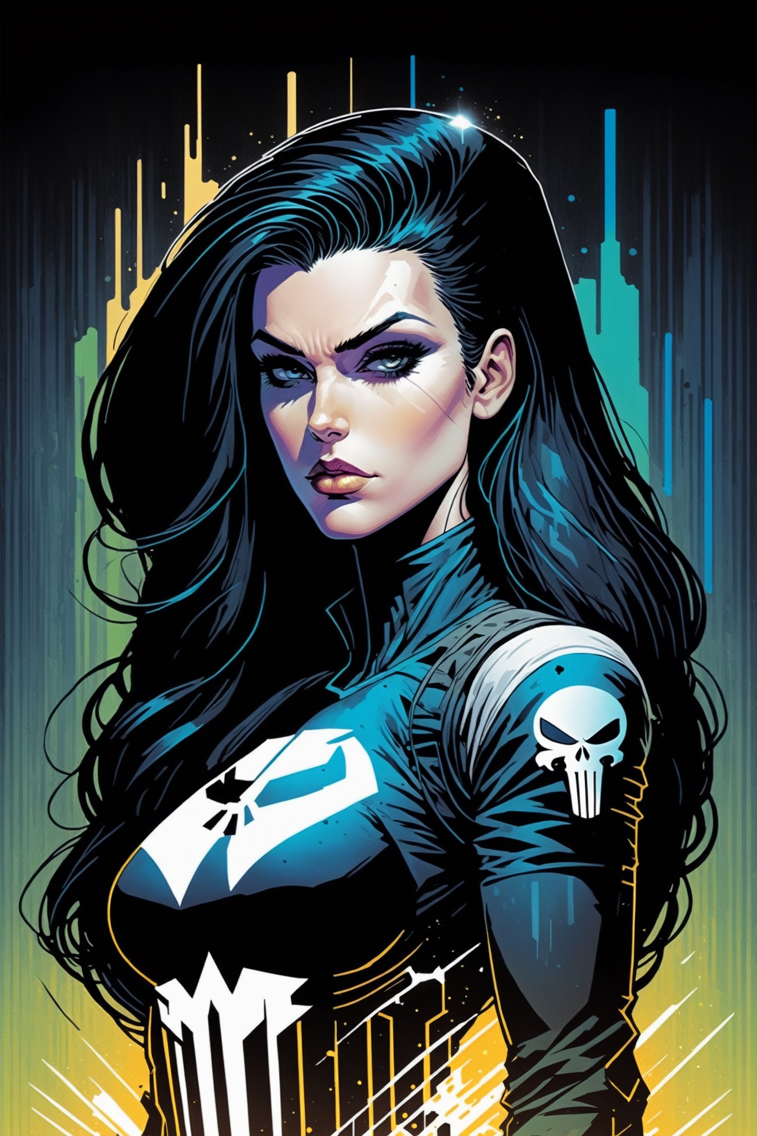 midshot, cel-shading style, centered image, ultra detailed illustration of the comic character, a female Punisher, posing, long Maine of black hair, ((Full Body)), (tetradic colors), inkpunk, ink lines, strong outlines, art by MSchiffer, bold traces, unframed, high contrast, cel-shaded, vector, 4k resolution, best quality, (chromatic aberration:1.8)