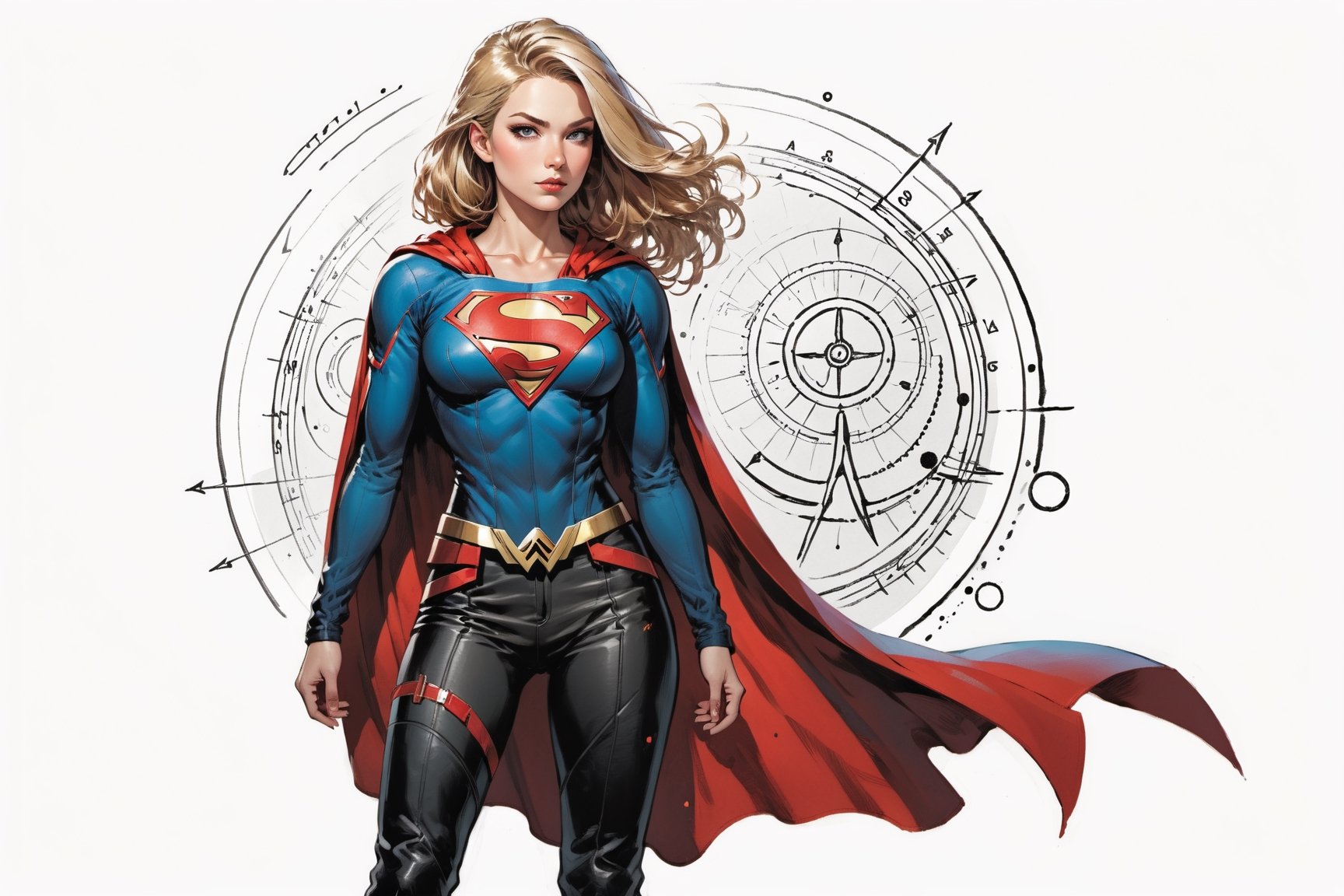 dark, gritty, realistic, mix of bold dark lines and loose lines, bold lines, on paper, turnaround character sheet, a stunningly beautiful (masterpiece, best quality:1.3), (2d:1.3), ink (medium), t-shirt design, White background, ((Half body)),portrait, supergirl, long red cape, outer_space, space hair, levitating, sky, zero gravity, above city, (((View from behind, she is looking over her shoulder))), depth_of_field bits of color, Sketch book, hand drawn, dark, gritty, realistic sketch, Rough sketch, mix of bold dark lines and loose lines, bold lines, Black paper, turnaround character sheet, arcane symbols, runes, dark theme, flowing partially blonde hair, handsome, ((all black padded leather clothing)), embroidered with runes, modest, black leather pants,  leather rune embroidered boots, (sharp lines), lines of bold ink, strong outlines, bold strokes, high contrast, (professional vector), best quality, flat colors, flat lights, no shadows, low levels, ((geometric shapes)), paint splatters, ((arcane symbols)), runes, dark theme, Perfect composition golden ratio, masterpiece, best quality, 4k, sharp focus. Better hand, perfect anatomy, ((safe for work))