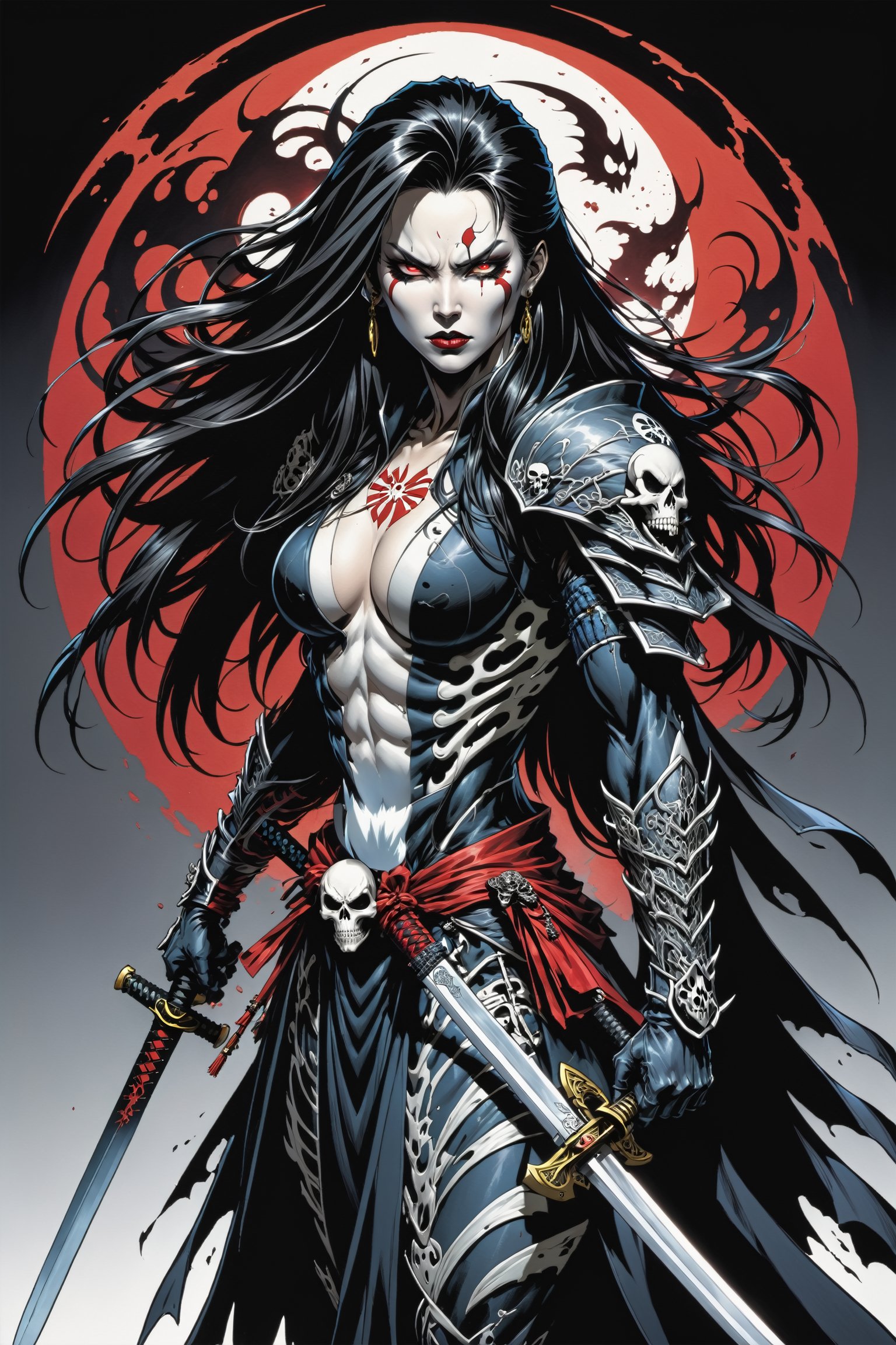 midshot, cel-shading style, centered image, ultra detailed illustration of the comic character ((female Spawn Samurai lady, by Todd McFarlane)), posing, long black long hair, silver and black suit with a skull emblem, long flowing cape,  holding samurai sword, ((view from Behind she’s looking over her shoulder)), ((Full Body)), (tetradic colors), inkpunk, ink lines, strong outlines, art by MSchiffer, bold traces, unframed, high contrast, cel-shaded, vector, 4k resolution, best quality, (chromatic aberration:1.8)