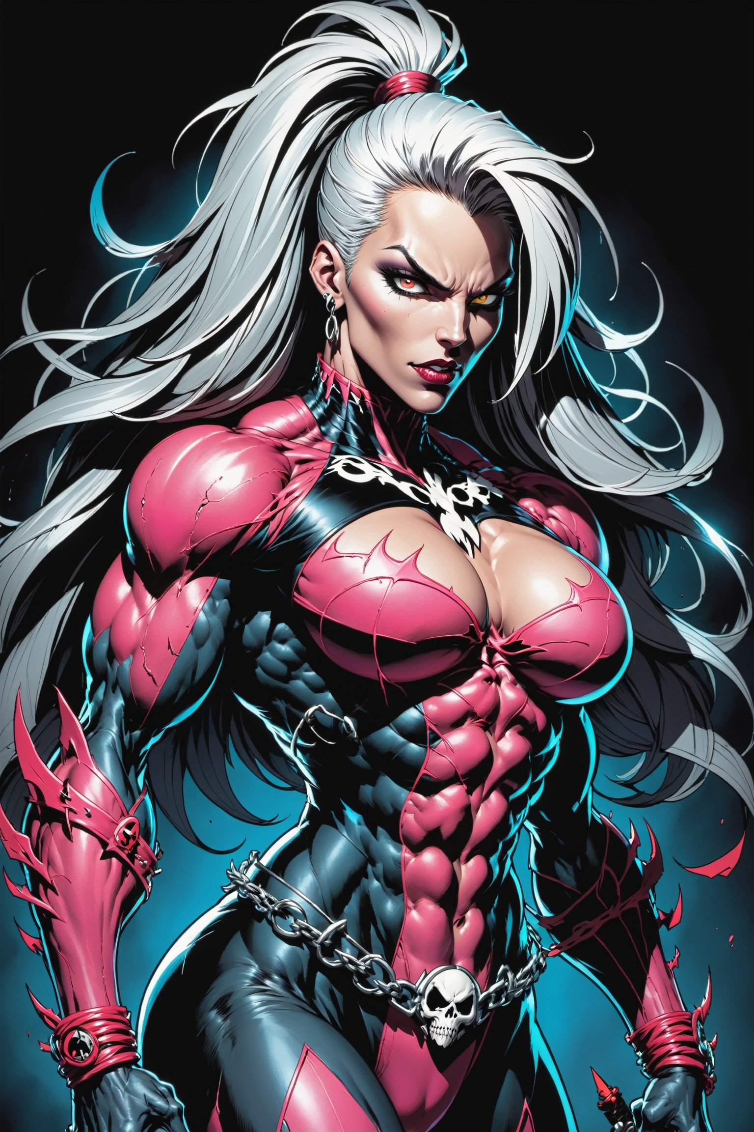 midshot, cel-shading style, centered image, ultra detailed illustration of the comic character ((female Spawn warrior woman, by Todd McFarlane)), posing, extremely muscular overly muscular large breast extremely extremely muscular, black, neon pink, suit with a belt with a skull on it, long white hair in a tall, single ponytail, ((Half Body)), perfect hands, (tetradic colors), inkpunk, ink lines, strong outlines, art by MSchiffer, bold traces, unframed, high contrast, cel-shaded, vector, 4k resolution, best quality, (chromatic aberration:1.8)