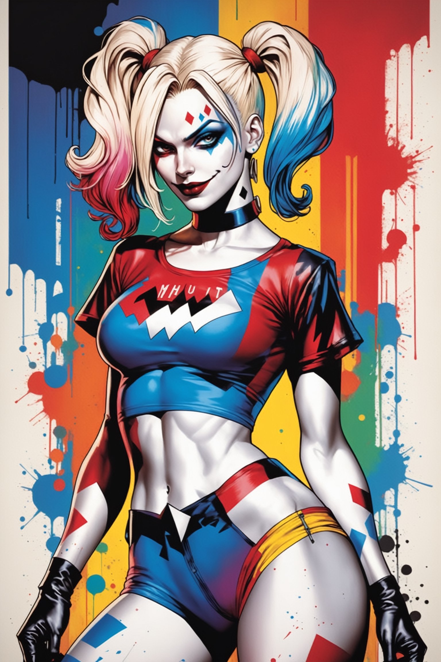 midshot, cel-shading style, centered image, ultra detailed illustration of Harley Quinn, posing, ((Full Body)), (tetradic colors), inkpunk, ink lines, strong outlines, art by MSchiffer, bold traces, unframed, high contrast, cel-shaded, vector, 4k resolution, best quality, (chromatic aberration:1.8)