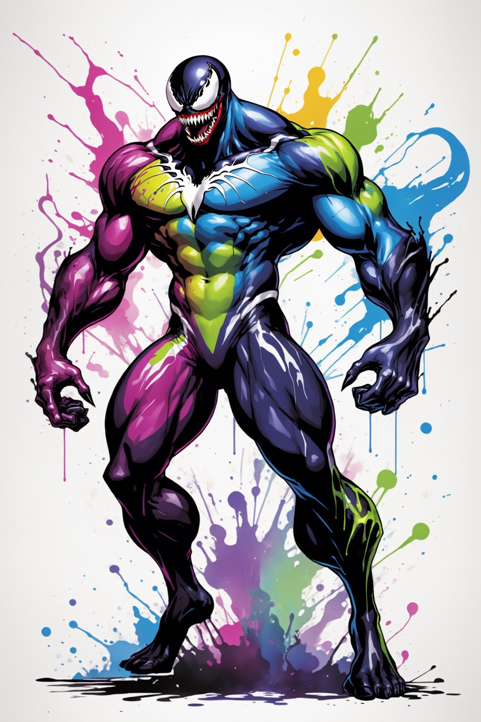 midshot, cel-shading style, centered image, ultra detailed illustration of Venom posing, ((Full Body)), (tetradic colors), ((inkpunk)), ((ink lines)), ink splatter, strong outlines, art by MSchiffer, bold traces, unframed, high contrast, cel-shaded, vector, 4k resolution, best quality, (chromatic aberration:1.8)