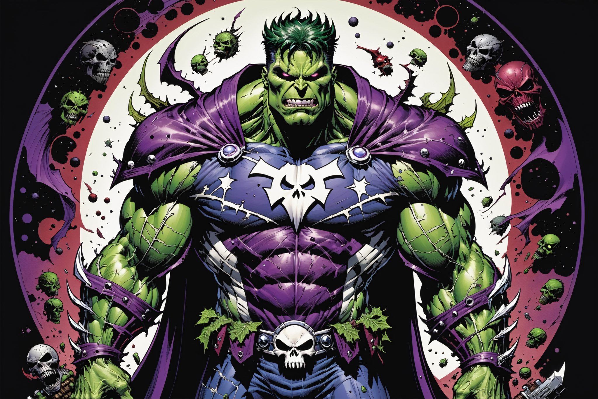 midshot, cel-shading style, centered image, ultra detailed illustration of the comic character ((Spawn Planet Hulk, by Todd McFarlane)),posing, suit with a skull emblem, wearing a purple Cape,  ((Full Body)), (tetradic colors), inkpunk, ink lines, strong outlines, art by MSchiffer, bold traces, unframed, high contrast, cel-shaded, vector, 4k resolution, best quality, (chromatic aberration:1.8)