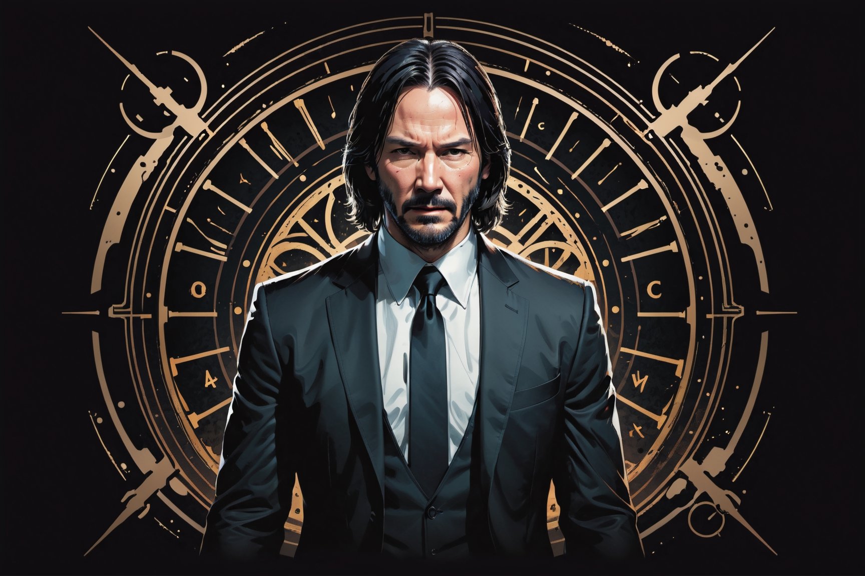 dark, gritty, realistic, mix of bold dark lines and loose lines, bold lines, on paper, turnaround character sheet, a stunningly beautiful (masterpiece, best quality:1.3), (2d:1.3), ink (medium), t-shirt design, black background, Full body, 2D illustration, John Wick, black color, (sharp lines), lines of bold ink, strong outlines, bold strokes, high contrast, (professional vector), best quality, flat colors, flat lights, no shadows, low levels, (gunpowder explosions), arcane symbols, runes, dark theme, Perfect composition golden ratio, masterpiece, best quality, 4k, sharp focus. Better hand, perfect anatomy, ((safe for work))