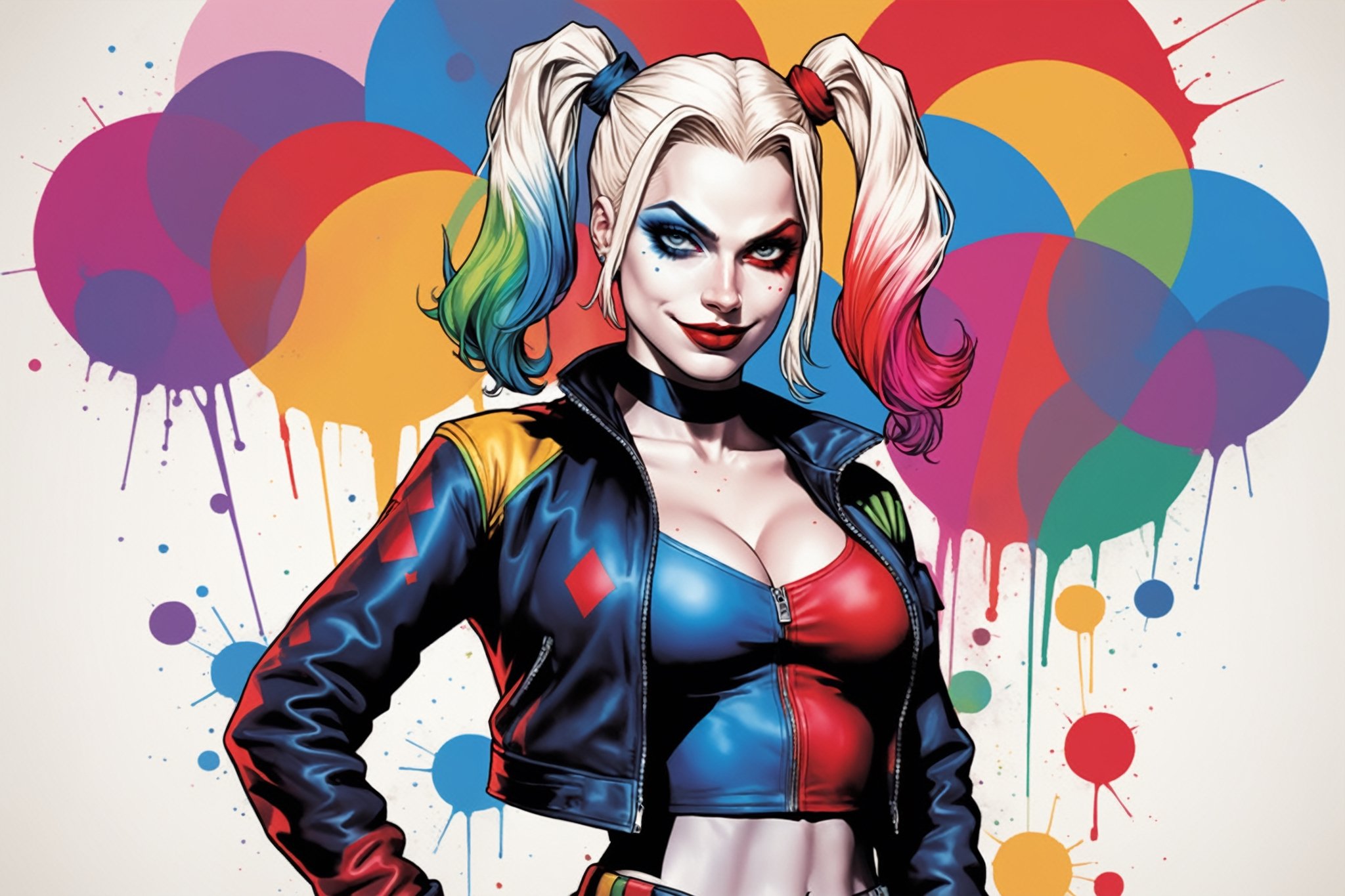 midshot, cel-shading style, centered image, ultra detailed illustration of Harley Quinn, posing, ((Full Body)), (tetradic colors), inkpunk, ink lines, strong outlines, art by MSchiffer, bold traces, unframed, high contrast, cel-shaded, vector, 4k resolution, best quality, (chromatic aberration:1.8)