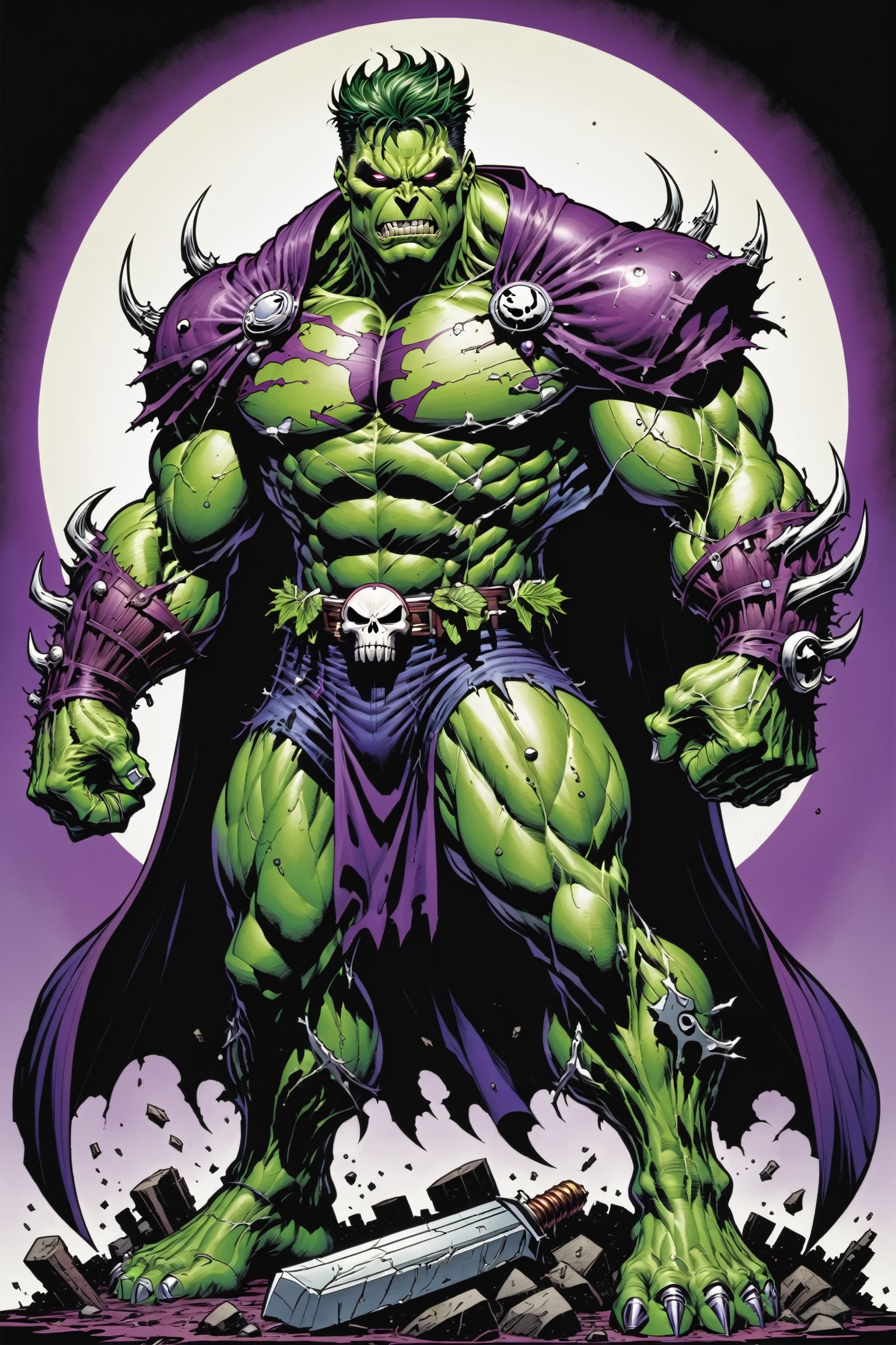 midshot, cel-shading style, centered image, ultra detailed illustration of the comic character ((Spawn Planet Hulk, by Todd McFarlane)),posing, suit with a skull emblem, wearing a purple Cape,  ((Full Body)), (tetradic colors), inkpunk, ink lines, strong outlines, art by MSchiffer, bold traces, unframed, high contrast, cel-shaded, vector, 4k resolution, best quality, (chromatic aberration:1.8)