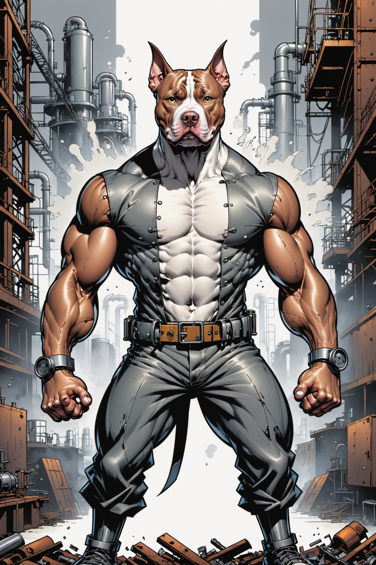 midshot, cel-shading style, centered image, ultra detailed illustration of the comic character ((The Pitbull , ((industrial background)), by Todd McFarlane)), posing, (((Full Body))),  (((it's coloring are White, brown and gray))), ((natural colors)), inkpunk, ink lines, strong outlines, art by MSchiffer, bold traces, unframed, high contrast, cel-shaded, vector, 4k resolution, best quality, (chromatic aberration:1.8