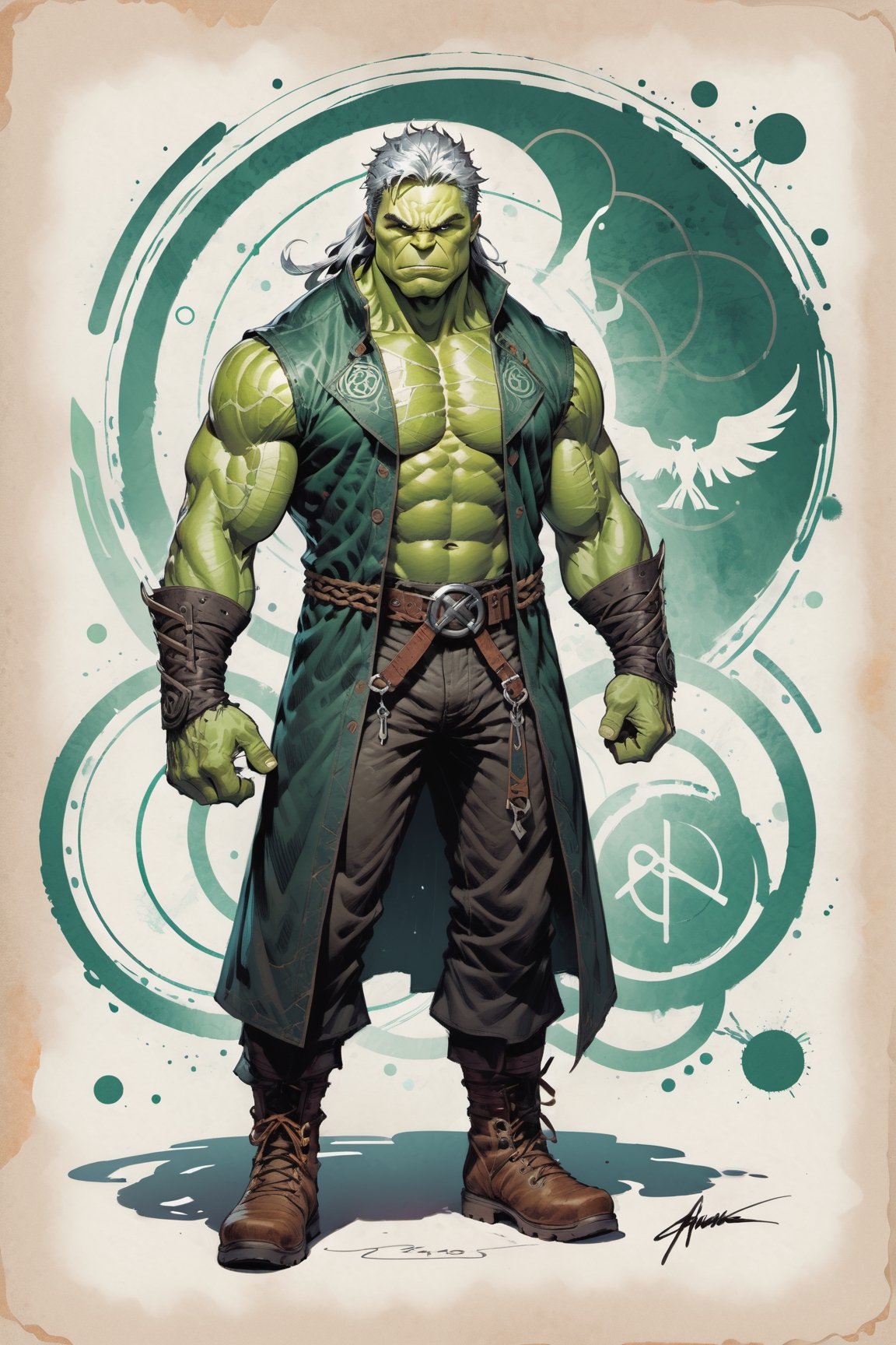 dark, gritty, realistic, mix of bold dark lines and loose lines, bold lines, on paper, turnaround character sheet, a stunningly beautiful (masterpiece, best quality:1.3), (2d:1.3), ink (medium), t-shirt design, White background, Full body, 2D illustration,  ((The Hulk)). bits of color, Sketch book, hand drawn, dark, gritty, realistic sketch, Rough sketch, mix of bold dark lines and loose lines, bold lines, on paper, turnaround character sheet. Close-up of his face, arcane symbols, runes, dark theme, flowing partially braided pale Green hair, handsome, padded leather clothing embroidered with runes, modest, leather rune embroidered boots, (sharp lines), lines of bold ink, strong outlines, bold strokes, high contrast, (professional vector), best quality, flat colors, flat lights, no shadows, low levels, ((geometric shapes)), paint splatters, arcane symbols, runes, dark theme, Perfect composition golden ratio, masterpiece, best quality, 4k, sharp focus. Better hand, perfect anatomy, ((safe for work))