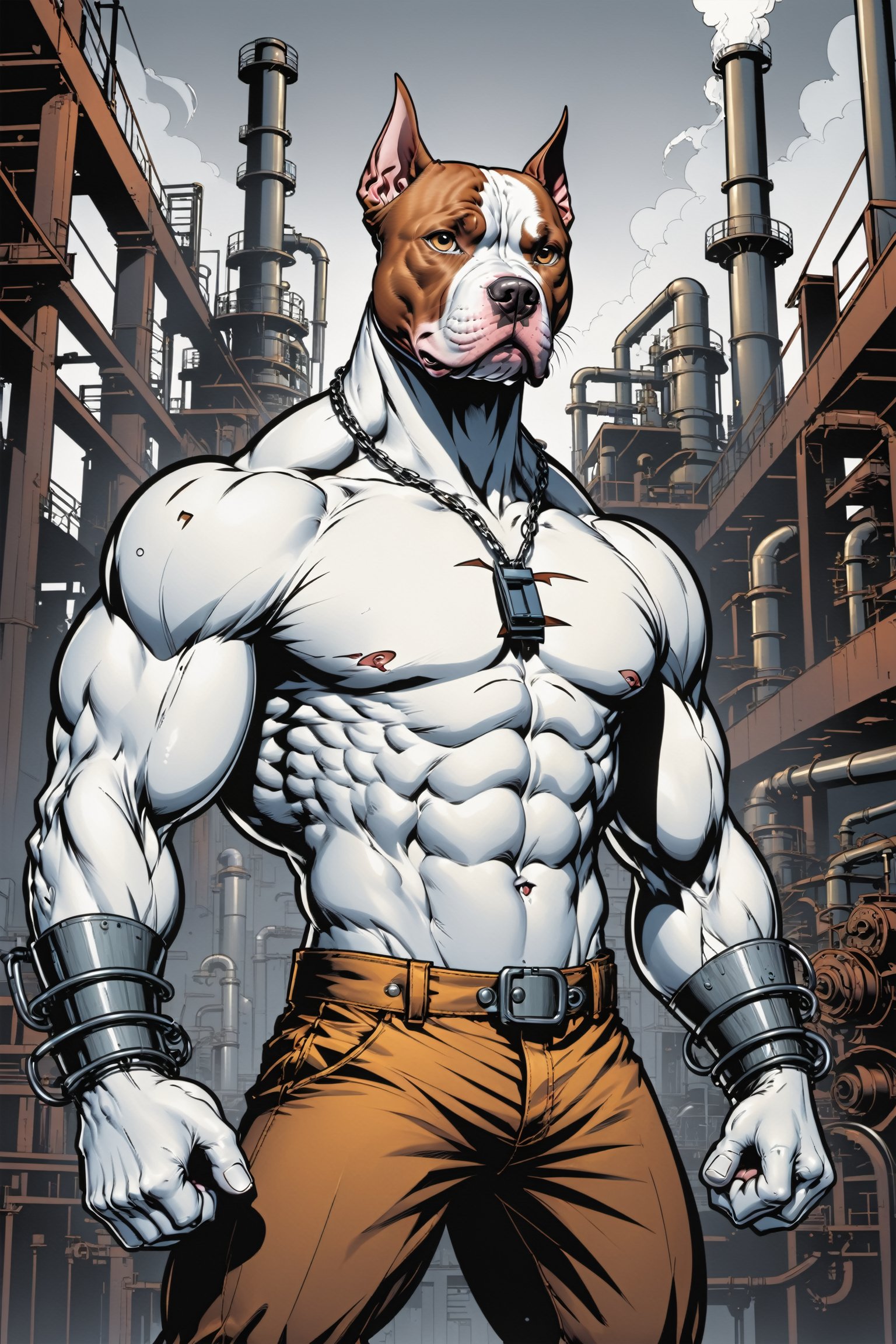 midshot, cel-shading style, centered image, ultra detailed illustration of the comic character ((The Pitbull , ((industrial background)), by Todd McFarlane)), posing, (((Full Body))),  (((it's coloring are White, brown and gray))), ((natural colors)), inkpunk, ink lines, strong outlines, art by MSchiffer, bold traces, unframed, high contrast, cel-shaded, vector, 4k resolution, best quality, (chromatic aberration:1.8