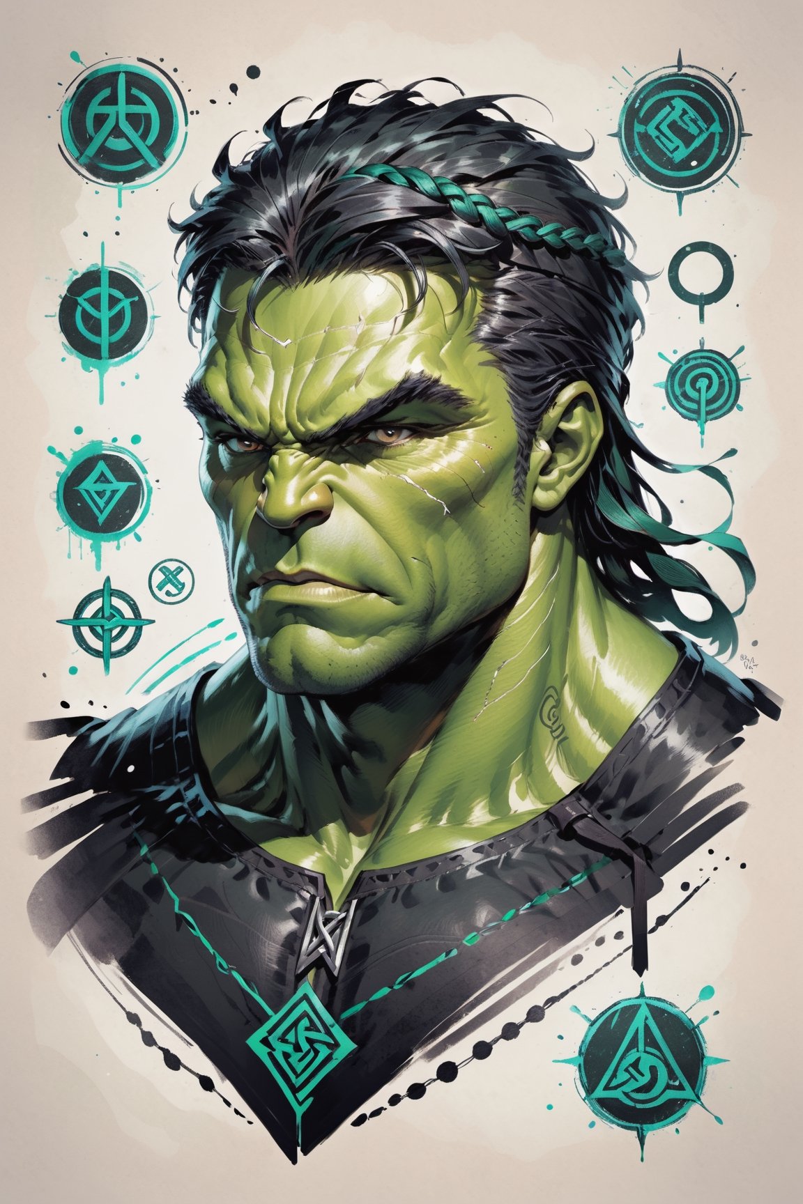 dark, gritty, realistic, mix of bold dark lines and loose lines, bold lines, on paper, turnaround character sheet, a stunningly beautiful (masterpiece, best quality:1.3), (2d:1.3), ink (medium), t-shirt design, White background, Full body, 2D illustration,  ((The Hulk)). bits of color, Sketch book, hand drawn, dark, gritty, realistic sketch, Rough sketch, mix of bold dark lines and loose lines, bold lines, on paper, turnaround character sheet. Close-up of his face, arcane symbols, runes, dark theme, flowing partially braided pale Green hair, handsome, padded leather clothing embroidered with runes, modest, leather rune embroidered boots, (sharp lines), lines of bold ink, strong outlines, bold strokes, high contrast, (professional vector), best quality, flat colors, flat lights, no shadows, low levels, ((geometric shapes)), paint splatters, arcane symbols, runes, dark theme, Perfect composition golden ratio, masterpiece, best quality, 4k, sharp focus. Better hand, perfect anatomy, ((safe for work))