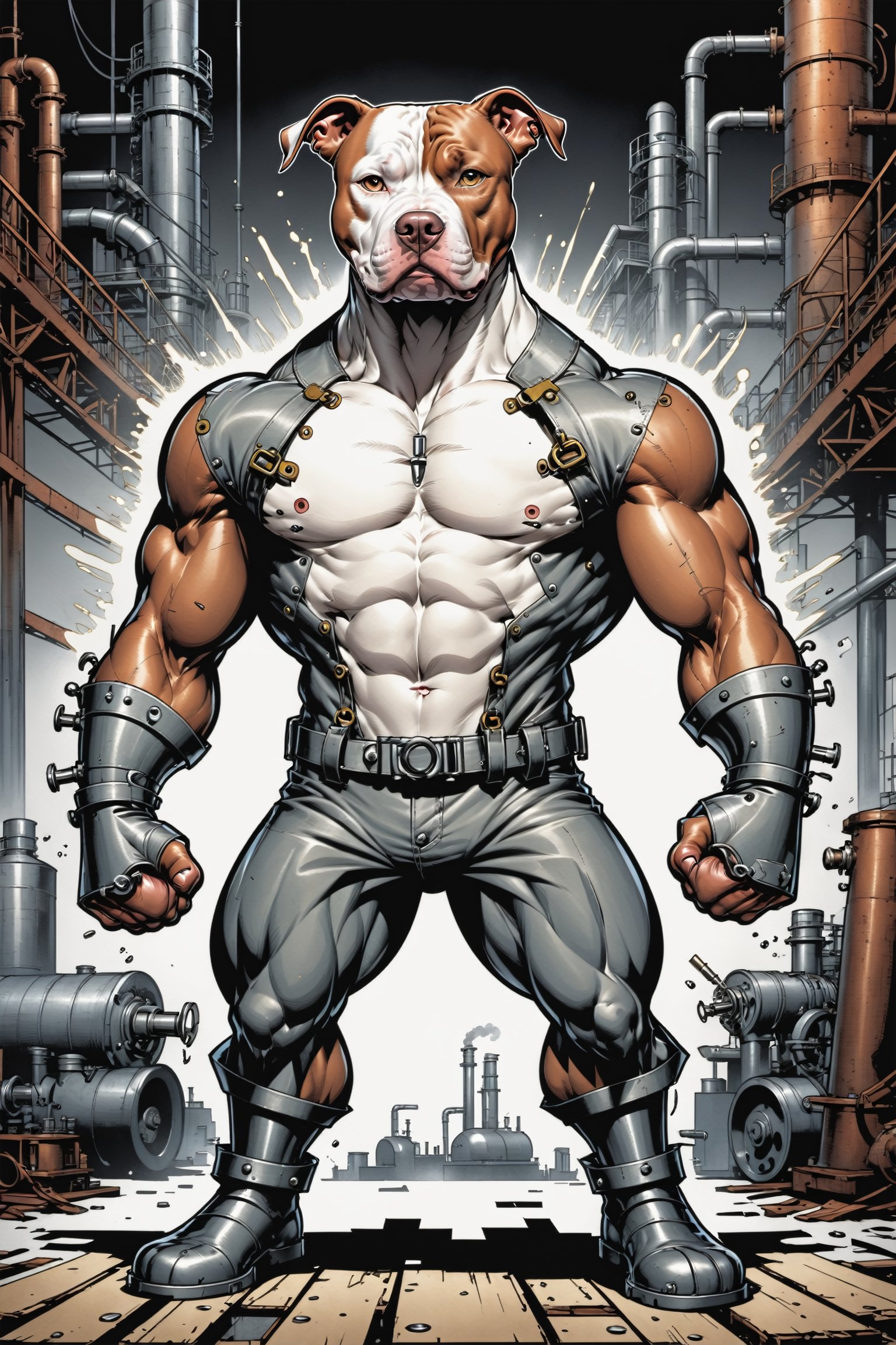 midshot, cel-shading style, centered image, ultra detailed illustration of the comic character ((The Pitbull , ((industrial background)), by Todd McFarlane)), posing, (((Full Body))),  (((it's coloring are White, brown and gray))), ((natural colors)), inkpunk, ink lines, strong outlines, art by MSchiffer, bold traces, unframed, high contrast, cel-shaded, vector, 4k resolution, best quality, (chromatic aberration:1.8