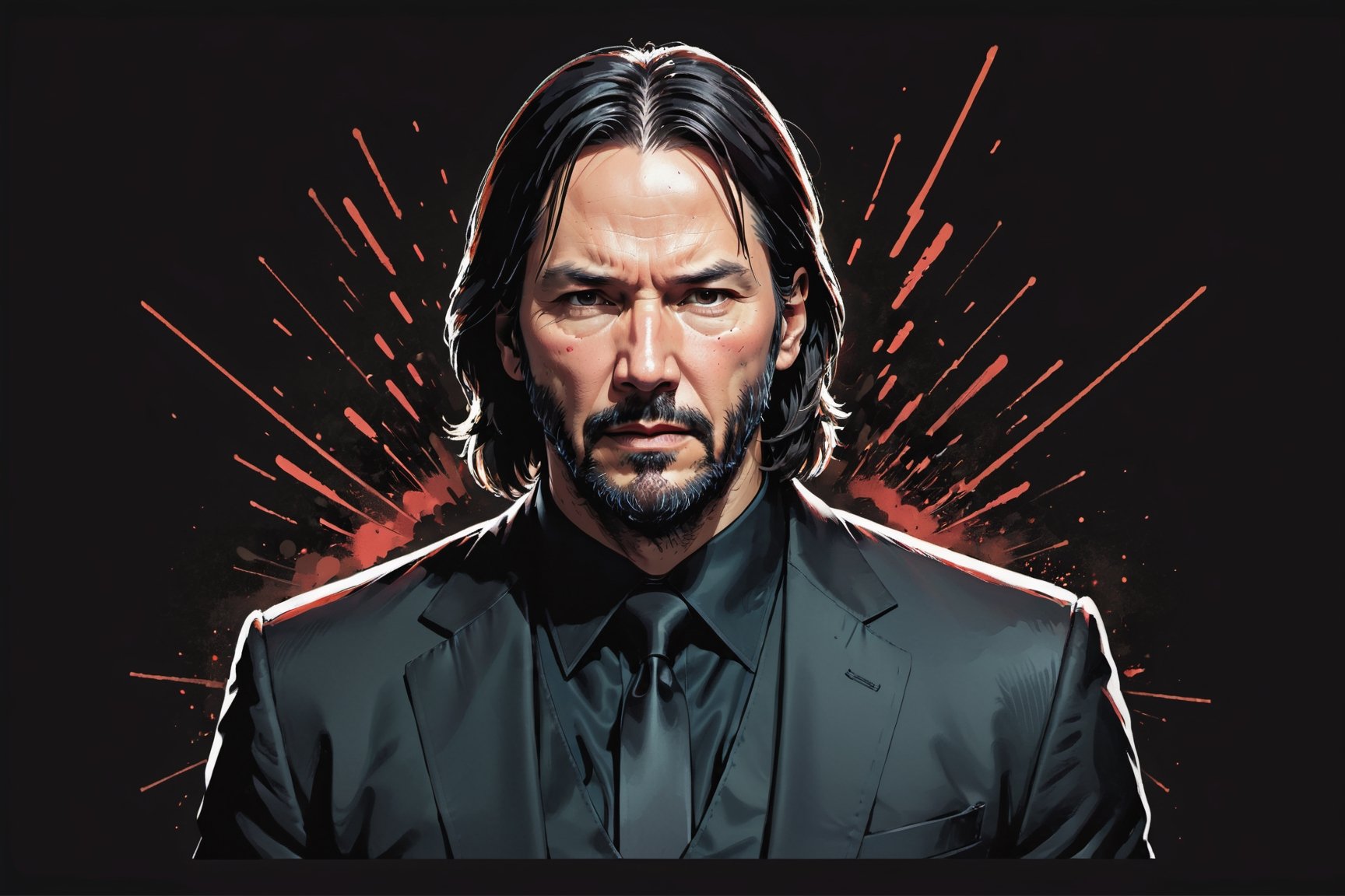 dark, gritty, realistic, mix of bold dark lines and loose lines, bold lines, on paper, turnaround character sheet, a stunningly beautiful (masterpiece, best quality:1.3), (2d:1.3), ink (medium), t-shirt design, black background, Full body, 2D illustration, John Wick, black color, (sharp lines), lines of bold ink, strong outlines, bold strokes, high contrast, (professional vector), best quality, flat colors, flat lights, no shadows, low levels, (gunpowder explosions), arcane symbols, runes, dark theme, Perfect composition golden ratio, masterpiece, best quality, 4k, sharp focus. Better hand, perfect anatomy, ((safe for work))