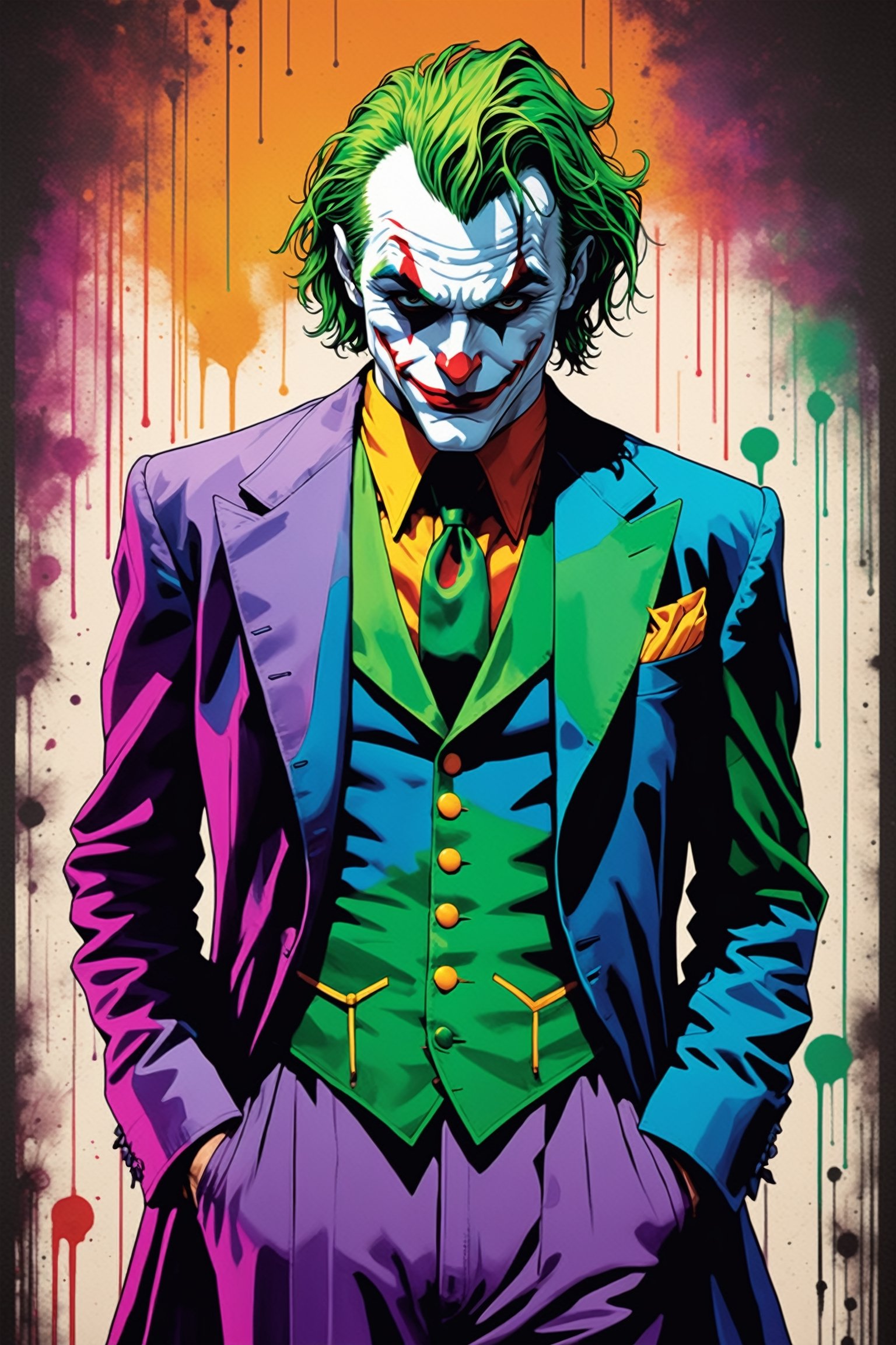 midshot, cel-shading style, centered image, ultra detailed illustration of The Joker, posing, ((Full Body)), (tetradic colors), ((inkpunk)), ((ink lines)), strong outlines, art by MSchiffer, bold traces, unframed, high contrast, cel-shaded, 4k resolution, best quality, (chromatic aberration:1.8)