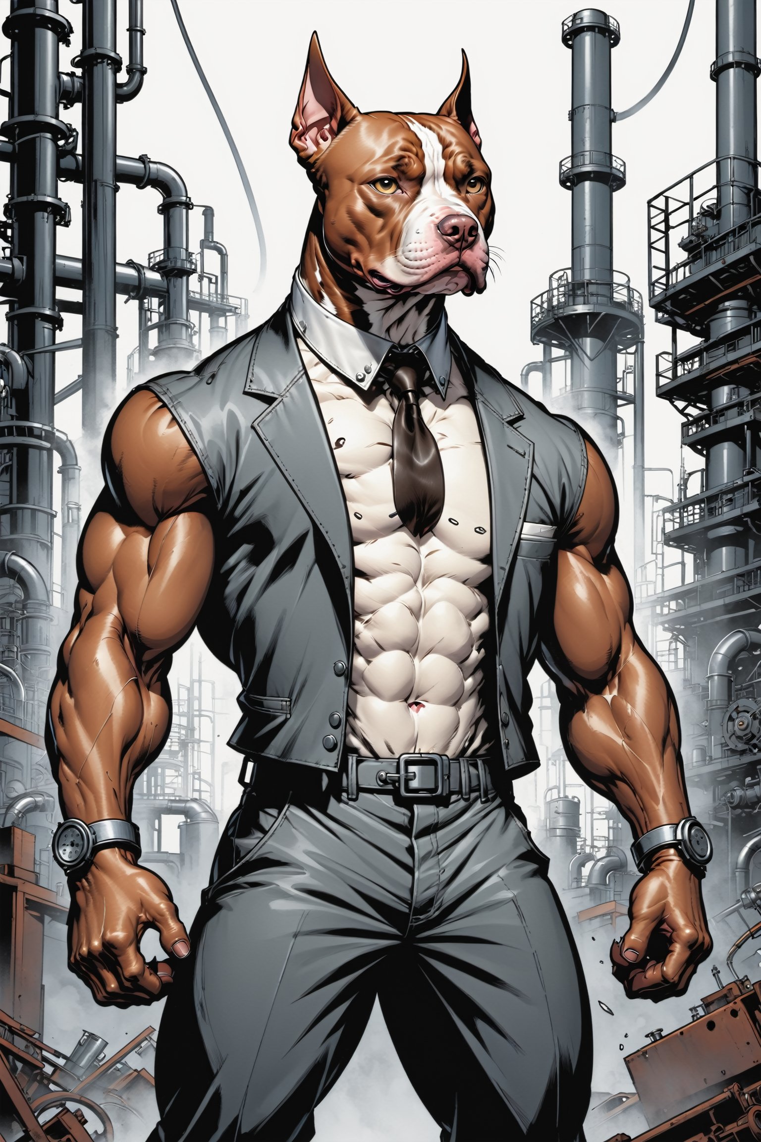 midshot, cel-shading style, centered image, ultra detailed illustration of the comic character ((The Pitbull , ((industrial background)), by Todd McFarlane)), posing, (((Full Body))),  (((it's coloring are White, brown and gray))), ((natural colors)), inkpunk, ink lines, strong outlines, art by MSchiffer, bold traces, unframed, high contrast, cel-shaded, vector, 4k resolution, best quality, (chromatic aberration:1.8