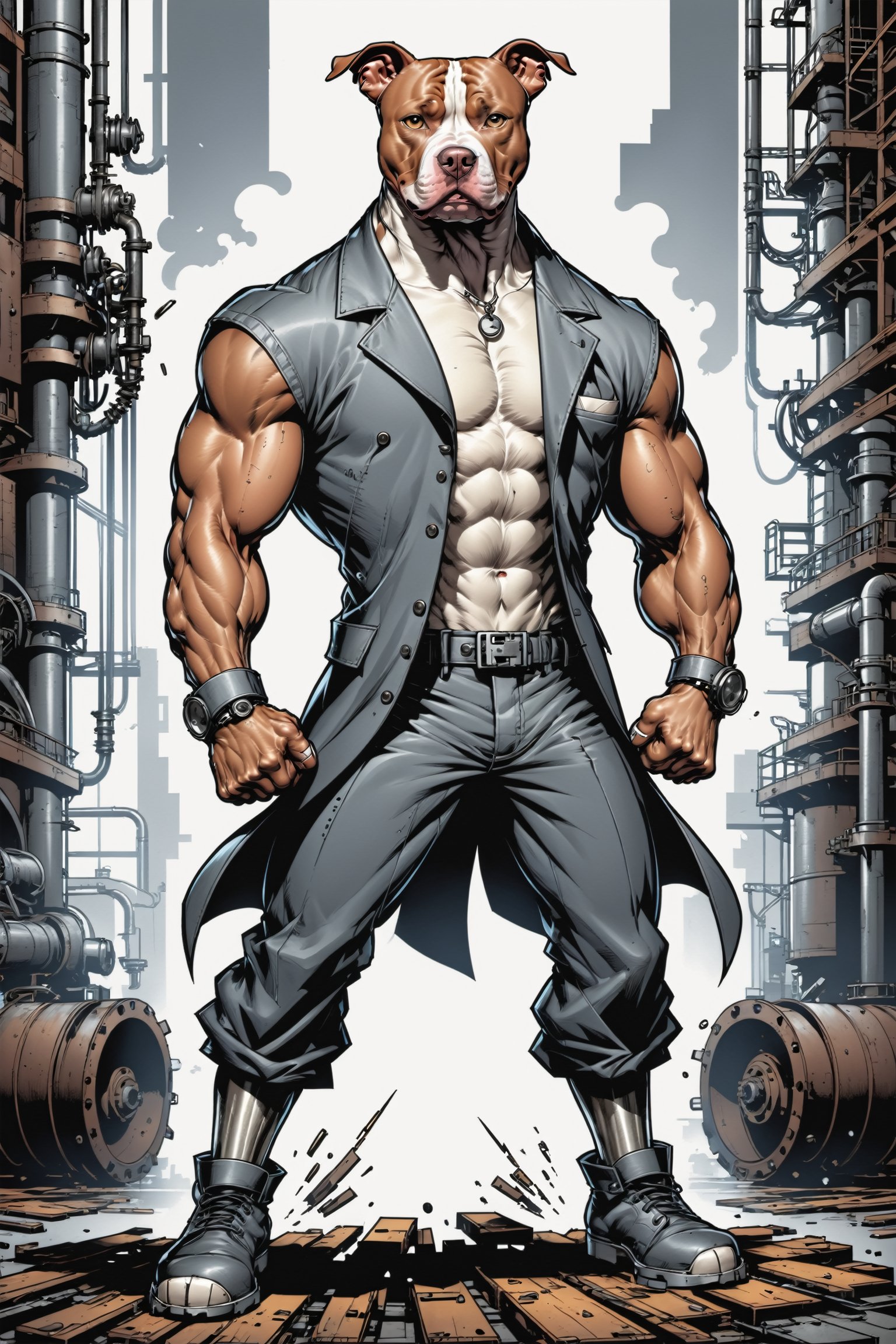 midshot, cel-shading style, centered image, ultra detailed illustration of the comic character ((The Pitbull , ((industrial background)), by Todd McFarlane)), posing, (((Full Body))),  (((it's coloring are White, brown and gray))), ((natural colors)), inkpunk, ink lines, strong outlines, art by MSchiffer, bold traces, unframed, high contrast, cel-shaded, vector, 4k resolution, best quality, (chromatic aberration:1.8