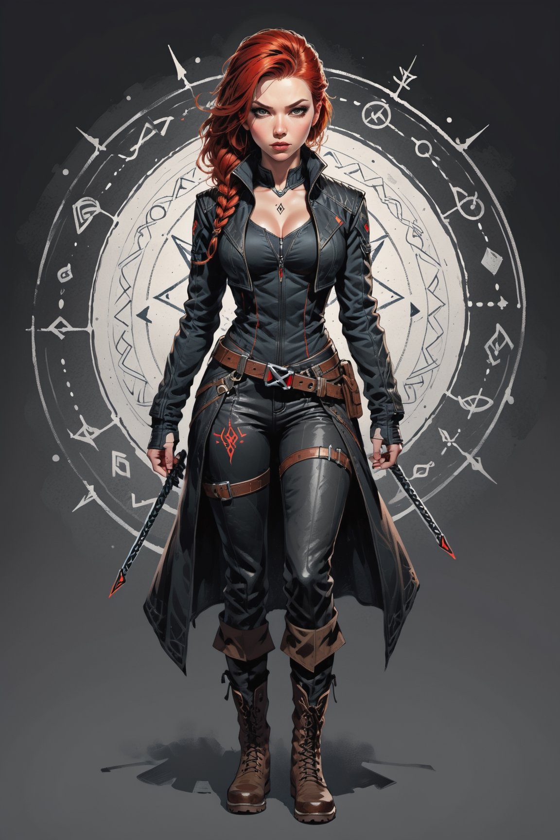 dark, gritty, realistic, mix of bold dark lines and loose lines, bold lines, on paper, turnaround character sheet, a stunningly beautiful (masterpiece, best quality:1.3), (2d:1.3), ink (medium), t-shirt design, White background, Full body, 2D illustration,  (((Black Widow))). bits of color, Sketch book, hand drawn, dark, gritty, realistic sketch, Rough sketch, mix of bold dark lines and loose lines, bold lines, on black paper, turnaround character sheet. Half body, arcane symbols, runes, dark theme, flowing partially braided red hair, large long ponytail, handsome, padded leather clothing, ((black leather pants)), button down shirt, ((leather jacket)), embroidered with runes, modest, leather rune embroidered boots, (sharp lines), lines of bold ink, strong outlines, bold strokes, high contrast, (professional vector), best quality, flat colors, flat lights, no shadows, low levels, ((geometric shapes)), paint splatters, arcane symbols, runes, dark theme, Perfect composition golden ratio, masterpiece, best quality, 4k, sharp focus. Better hand, perfect anatomy, ((safe for work))