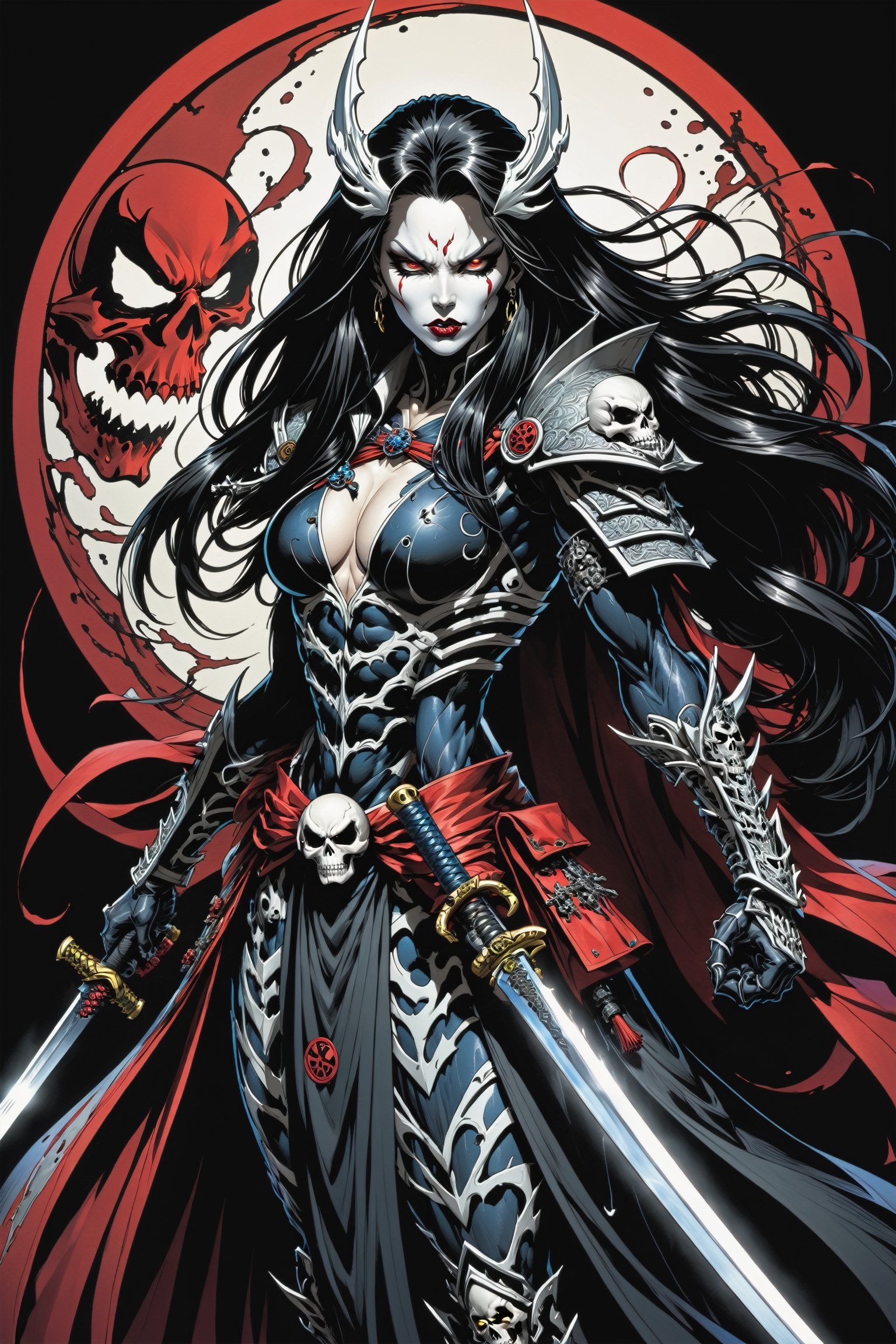 midshot, cel-shading style, centered image, ultra detailed illustration of the comic character ((female Spawn Samurai lady, by Todd McFarlane)), posing, long black long hair, silver and black suit with a skull emblem, long flowing cape,  holding samurai sword, ((Full Body)), (tetradic colors), inkpunk, ink lines, strong outlines, art by MSchiffer, bold traces, unframed, high contrast, cel-shaded, vector, 4k resolution, best quality, (chromatic aberration:1.8)