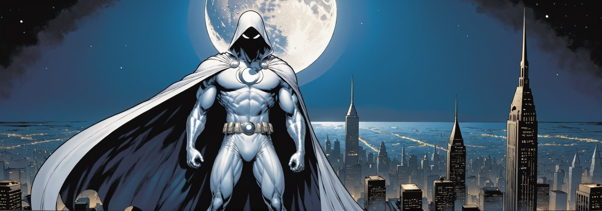 Standing atop a moonlit rooftop, the enigmatic figure known as Moon Knight cuts a striking silhouette against the city skyline. Clad in a suit of White leather, with a hooded cloak, ((adorned with intricate crescent moon motifs)), he exudes an aura of otherworldly power. His muscular physique is accentuated by the tight-fitting suit, which hugs his form like a second skin. A billowing White cape, flows behind him, adding to the air of mystique that surrounds him.

Atop his head rests a hooded cloak and cowl, concealing his features in shadow while his piercing white eyes gleam with an otherworldly intensity. In one hand, he grips a crescent-shaped staff, a versatile weapon capable of both striking down his foes and aiding in his acrobatic feats. On his utility belt, an array of gadgets and tools are holstered, ready to be deployed at a moment's notice.

With an air of silent determination, Moon Knight stands ready to mete out justice upon those who would dare to threaten the innocent, his presence a beacon of hope in the darkness of the night.