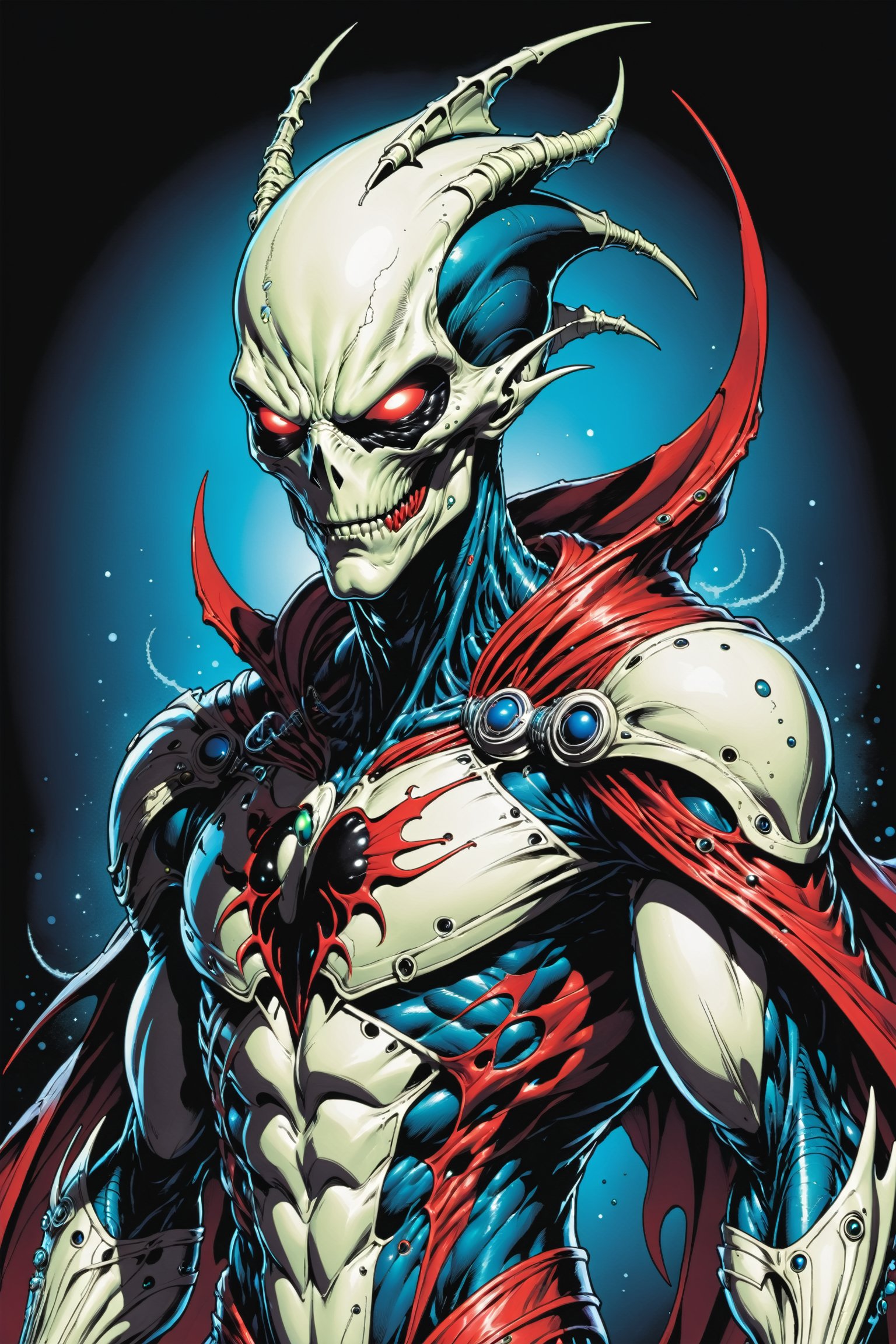 midshot, cel-shading style, centered image, ultra detailed illustration of the comic character ((male Spawn Space Alien, by Todd McFarlane)), posing, in creepy alien space suit, ((Half Body)), (tetradic colors), inkpunk, ink lines, strong outlines, art by MSchiffer, bold traces, unframed, high contrast, cel-shaded, vector, 4k resolution, best quality, (chromatic aberration:1.8)