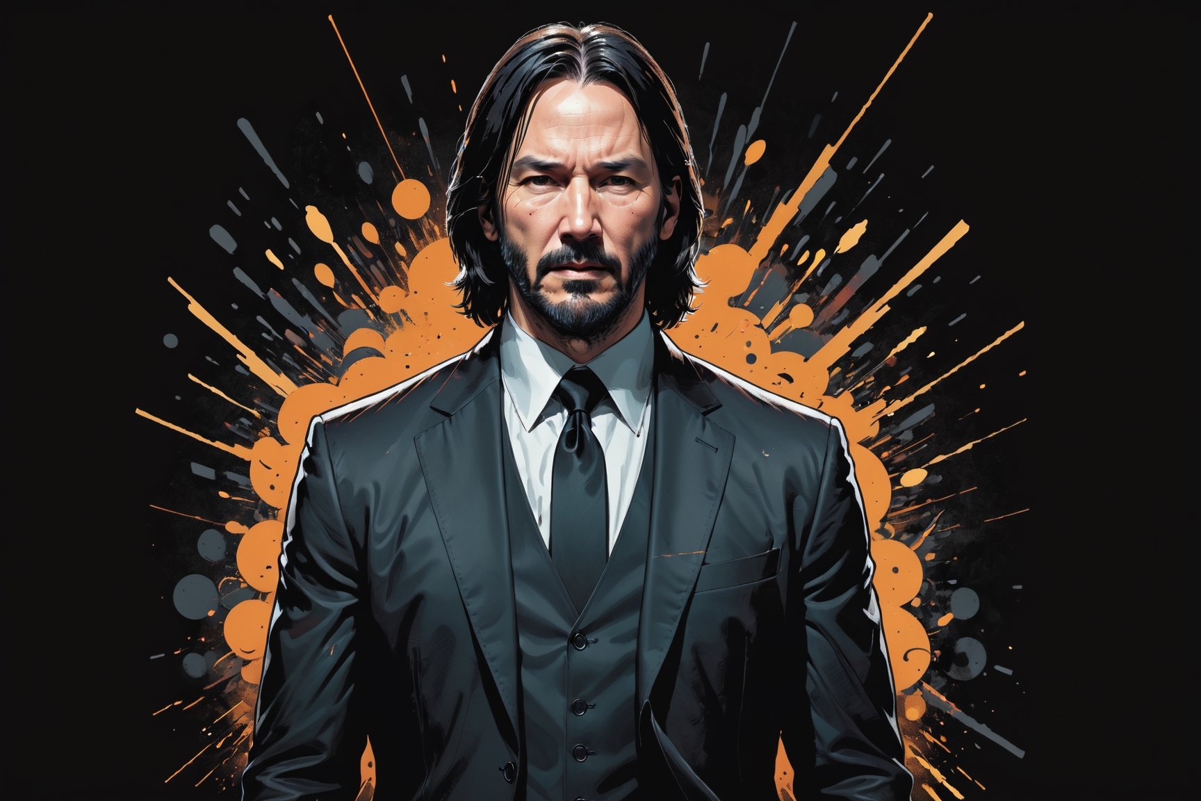 dark, gritty, realistic, mix of bold dark lines and loose lines, bold lines, on paper, turnaround character sheet, a stunningly beautiful (masterpiece, best quality:1.3), (2d:1.3), ink (medium), t-shirt design, black background, Full body, 2D illustration, John Wick, black color, (sharp lines), lines of bold ink, strong outlines, bold strokes, high contrast, (professional vector), best quality, flat colors, flat lights, no shadows, low levels, (gunpowder explosions), arcane symbols, runes, dark theme, Perfect composition golden ratio, masterpiece, best quality, 4k, sharp focus. Better hand, perfect anatomy, ((safe for work))