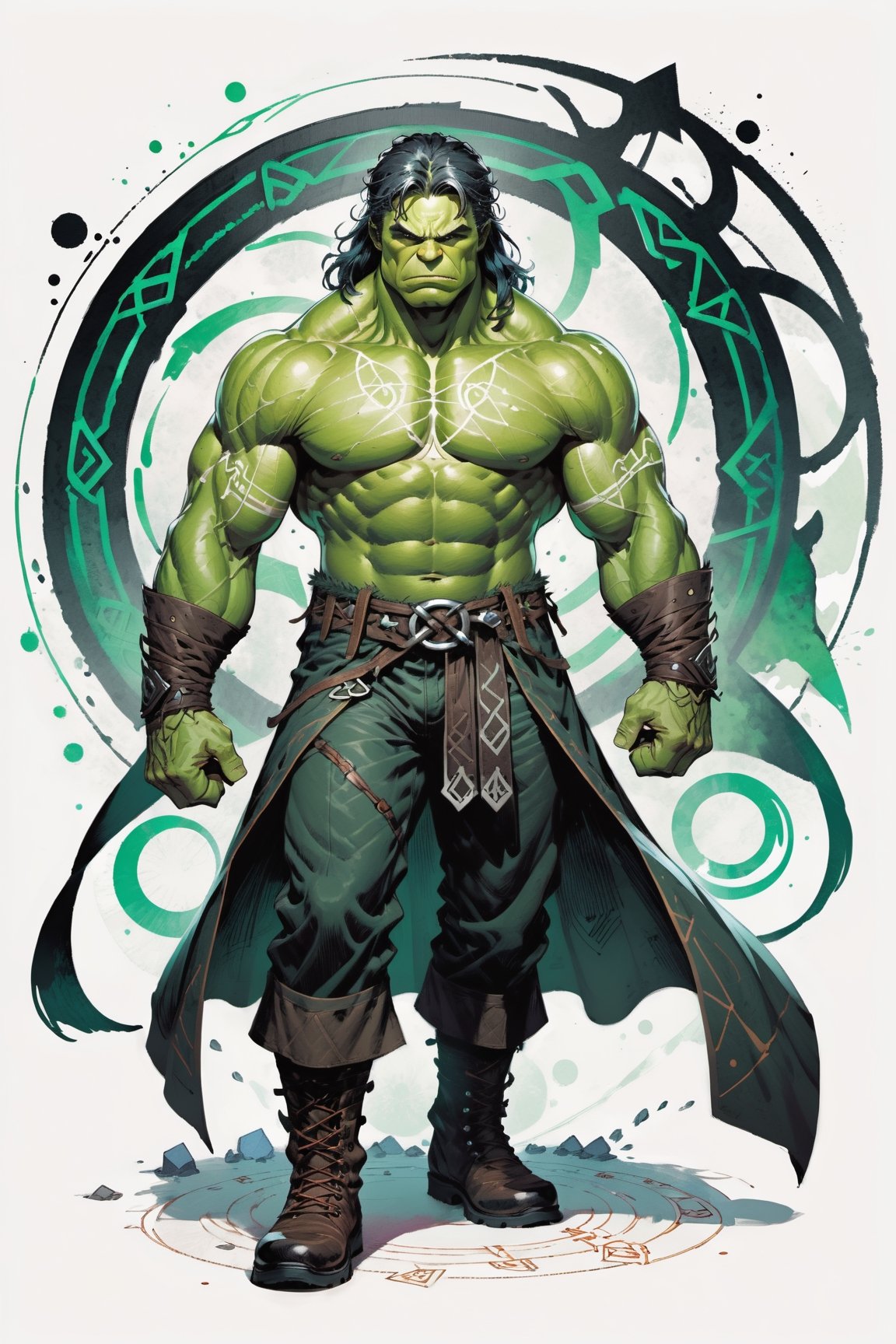 dark, gritty, realistic, mix of bold dark lines and loose lines, bold lines, on paper, turnaround character sheet, a stunningly beautiful (masterpiece, best quality:1.3), (2d:1.3), ink (medium), t-shirt design, White background, Full body, 2D illustration,  ((The Hulk)). bits of color, Sketch book, hand drawn, dark, gritty, realistic sketch, Rough sketch, mix of bold dark lines and loose lines, bold lines, on paper, turnaround character sheet. Close-up of his face, arcane symbols, runes, dark theme, flowing partially braided pale Green hair, handsome, padded leather clothing embroidered with runes, modest, leather rune embroidered boots, (sharp lines), lines of bold ink, strong outlines, bold strokes, high contrast, (professional vector), best quality, flat colors, flat lights, no shadows, low levels, ((geometric shapes)), paint splatters, arcane symbols, runes, dark theme, Perfect composition golden ratio, masterpiece, best quality, 4k, sharp focus. Better hand, perfect anatomy, ((safe for work))