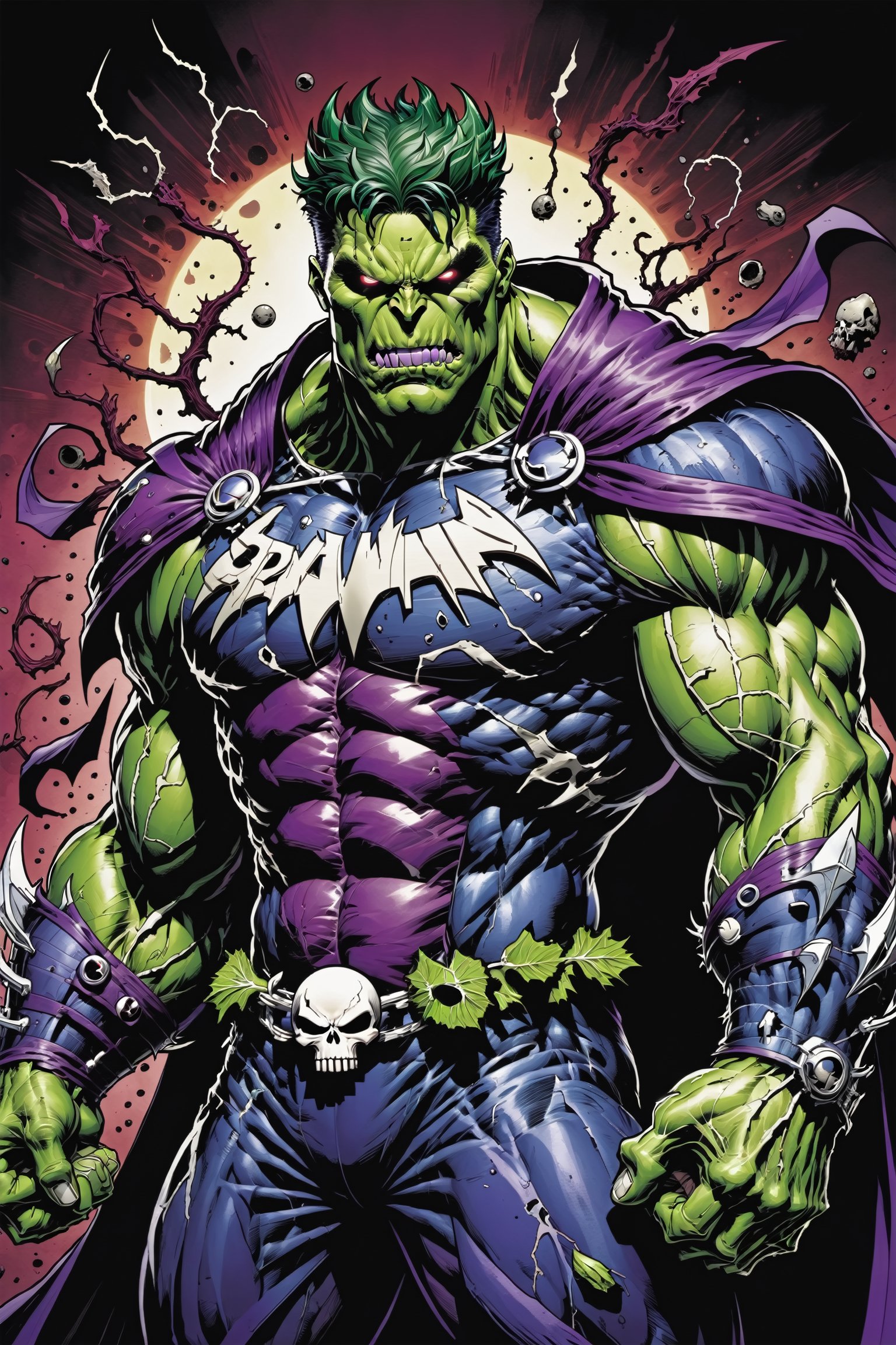 midshot, cel-shading style, centered image, ultra detailed illustration of the comic character ((Spawn Planet Hulk, by Todd McFarlane)),posing, suit with a skull emblem, wearing a purple Cape,  ((Half Body)), (tetradic colors), inkpunk, ink lines, strong outlines, art by MSchiffer, bold traces, unframed, high contrast, cel-shaded, vector, 4k resolution, best quality, (chromatic aberration:1.8)