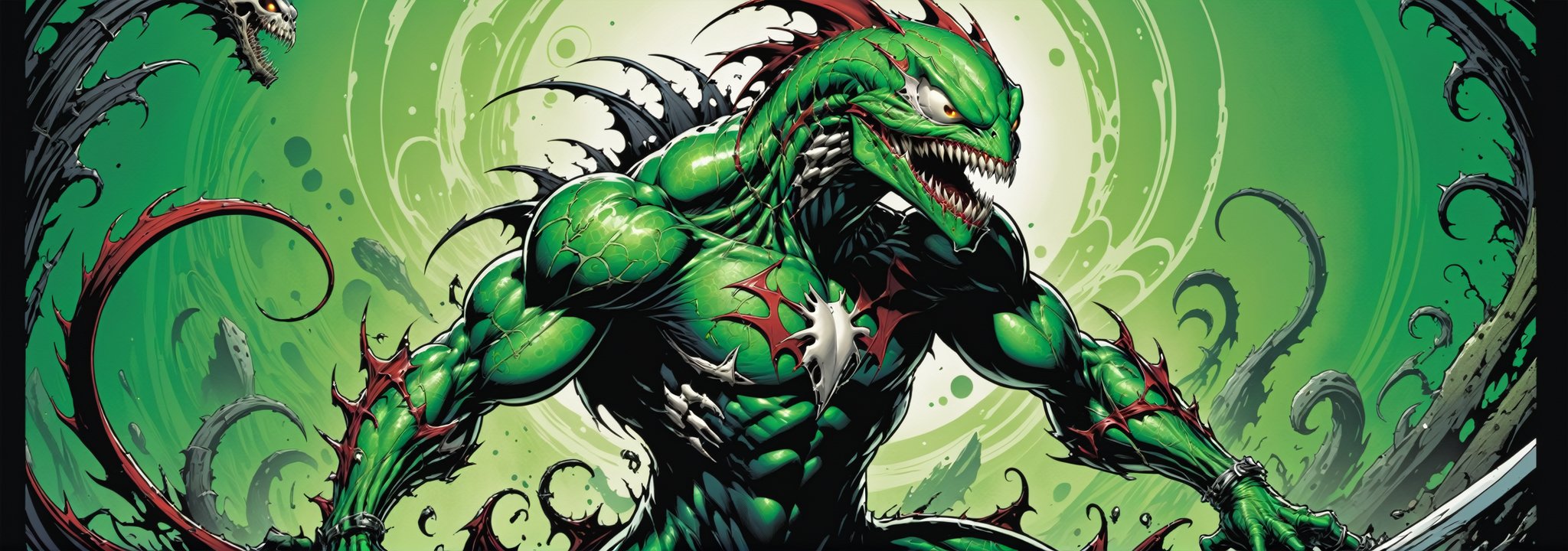 midshot, cel-shading style, centered image, ultra detailed illustration of the comic character ((Spawn lizard, by Todd McFarlane)), posing, green, light green, brown, and black body suit with a skull emblem, ((Full Body)) ,ornate background, (tetradic colors), inkpunk, ink lines, strong outlines, art by MSchiffer, bold traces, unframed, high contrast, cel-shaded, vector, 4k resolution, best quality, (chromatic aberration:1.8)