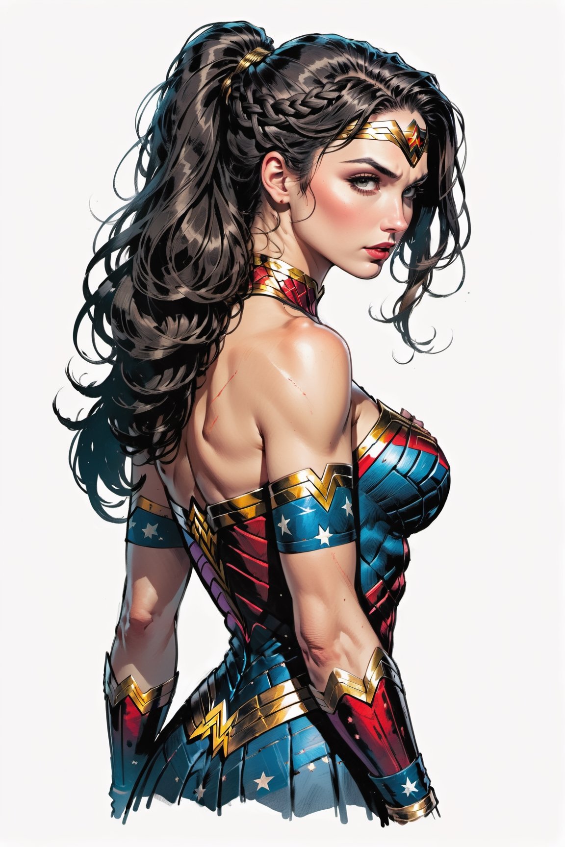 dark, gritty, realistic, mix of bold dark lines and loose lines, bold lines, on paper, turnaround character sheet, a stunningly beautiful (masterpiece, best quality:1.3), (2d:1.3), ink (medium), t-shirt design, White background, Full body, 2D illustration,  (((Wonder Woman))). bits of color, Sketch book, hand drawn, dark, gritty, realistic sketch, Rough sketch, mix of bold dark lines and loose lines, bold lines, on black paper, turnaround character sheet. Half body, (((View from behind))), ((she is looking over her shoulder)), ((she's wearing a lacy Victorian dress)), arcane symbols, runes, dark theme, flowing partially braided Black hair, large long ponytail, (sharp lines), lines of bold ink, strong outlines, bold strokes, high contrast, (professional vector), best quality, flat colors, flat lights, no shadows, low levels, ((geometric shapes)), paint splatters, arcane symbols, runes, dark theme, Perfect composition golden ratio, masterpiece, best quality, 4k, sharp focus. Better hand, perfect anatomy, ((safe for work))