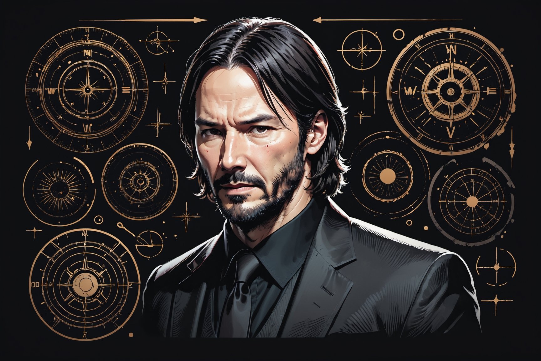 dark, gritty, realistic, mix of bold dark lines and loose lines, bold lines, on paper, turnaround character sheet, a stunningly beautiful (masterpiece, best quality:1.3), (2d:1.3), ink (medium), t-shirt design, black background, Full body, 2D illustration, John Wick, black color, (sharp lines), lines of bold ink, strong outlines, bold strokes, high contrast, (professional vector), best quality, flat colors, flat lights, no shadows, low levels, (gunpowder explosions), arcane symbols, runes, dark theme, Perfect composition golden ratio, masterpiece, best quality, 4k, sharp focus. Better hand, perfect anatomy, ((safe for work))