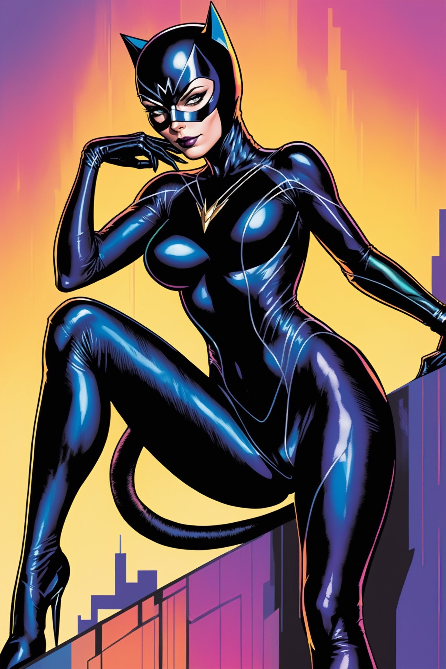 midshot, cel-shading style, centered image, ultra detailed illustration of Catwoman, posing, ((Full Body)), wearing one piece, black bodysuit, (tetradic colors), inkpunk, ink lines, strong outlines, art by MSchiffer, bold traces, unframed, high contrast, cel-shaded, vector, 4k resolution, best quality, (chromatic aberration:1.8)