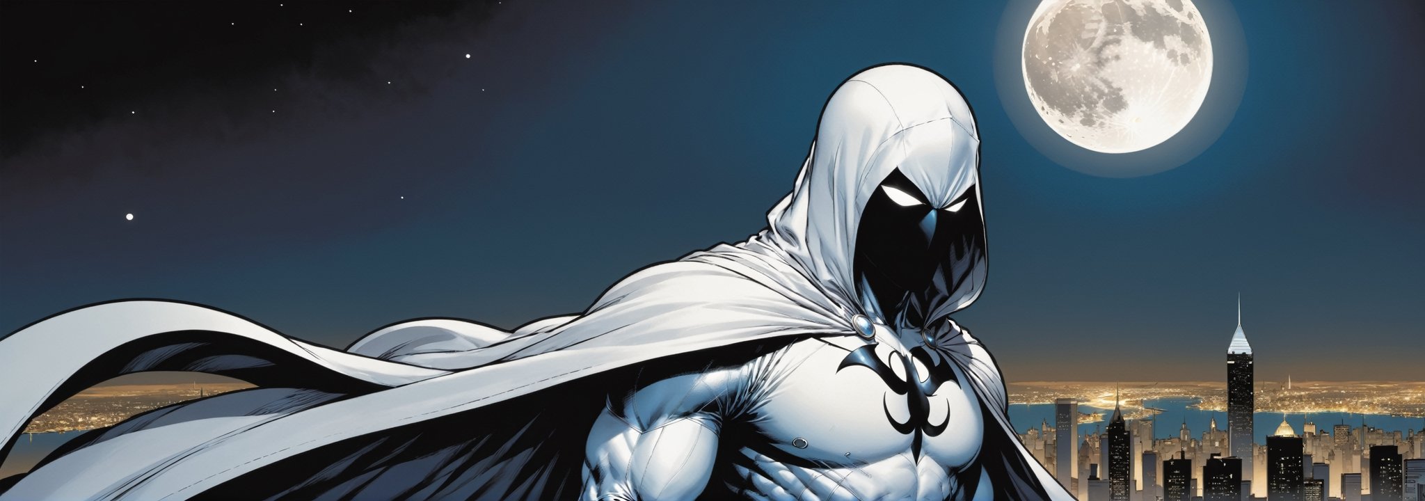 Standing atop a moonlit rooftop, the enigmatic figure known as Moon Knight cuts a striking silhouette against the city skyline. Clad in a suit of White leather, with a hooded cloak, ((adorned with intricate crescent moon motifs)), he exudes an aura of otherworldly power. His muscular physique is accentuated by the tight-fitting suit, which hugs his form like a second skin. A billowing White cape, flows behind him, adding to the air of mystique that surrounds him.

Atop his head rests a hooded cloak and cowl, concealing his features in shadow while his piercing white eyes gleam with an otherworldly intensity. In one hand, he grips a crescent-shaped staff, a versatile weapon capable of both striking down his foes and aiding in his acrobatic feats. On his utility belt, an array of gadgets and tools are holstered, ready to be deployed at a moment's notice.

With an air of silent determination, Moon Knight stands ready to mete out justice upon those who would dare to threaten the innocent, his presence a beacon of hope in the darkness of the night.