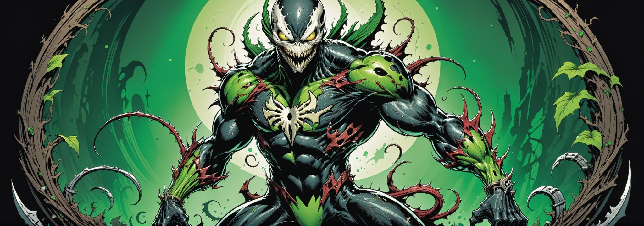 midshot, cel-shading style, centered image, ultra detailed illustration of the comic character ((Spawn lizard, by Todd McFarlane)), posing, green, light green, brown, and black body suit with a skull emblem, ((Full Body)) ,ornate background, (tetradic colors), inkpunk, ink lines, strong outlines, art by MSchiffer, bold traces, unframed, high contrast, cel-shaded, vector, 4k resolution, best quality, (chromatic aberration:1.8)