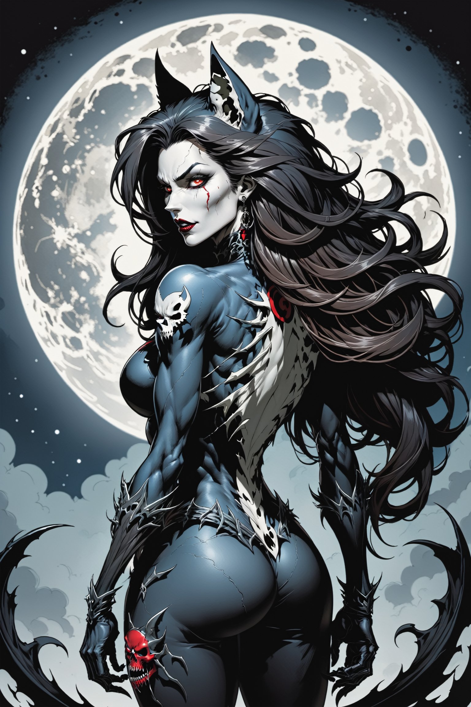 midshot, cel-shading style, centered image, ultra detailed illustration of the comic character ((female Spawn Wolf lady, by Todd McFarlane)), posing, long black long hair, Gray brown, and black suit with a skull emblem, ((view from Behind she’s looking over her shoulder)), ((Full Body)), ((perfect hands)), the moon in the background, (tetradic colors), inkpunk, ink lines, strong outlines, art by MSchiffer, bold traces, unframed, high contrast, cel-shaded, vector, 4k resolution, best quality, (chromatic aberration:1.8)