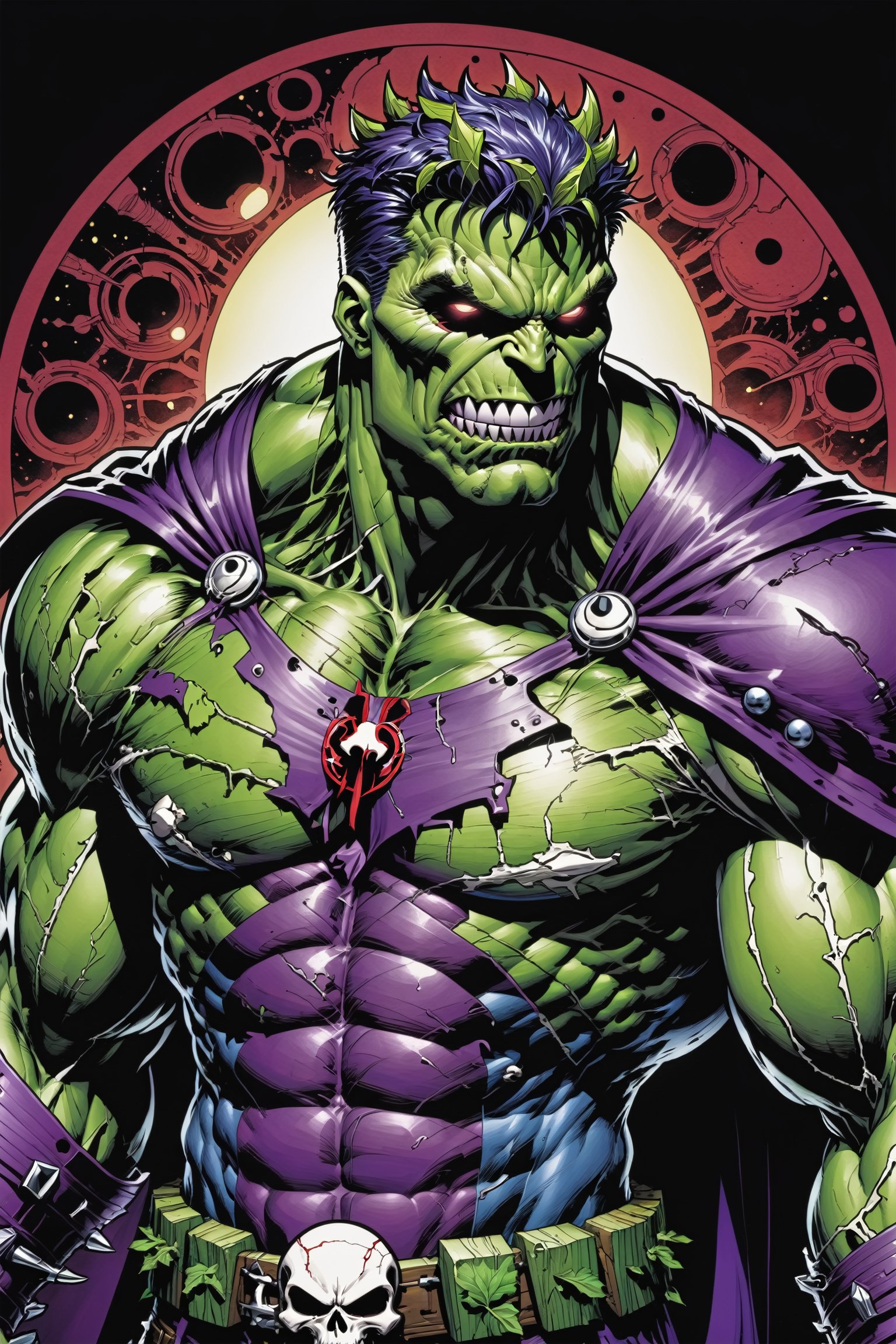 midshot, cel-shading style, centered image, ultra detailed illustration of the comic character ((Spawn Planet Hulk, by Todd McFarlane)),posing, suit with a skull emblem, wearing a purple Cape,  ((Half Body)), (tetradic colors), inkpunk, ink lines, strong outlines, art by MSchiffer, bold traces, unframed, high contrast, cel-shaded, vector, 4k resolution, best quality, (chromatic aberration:1.8)
