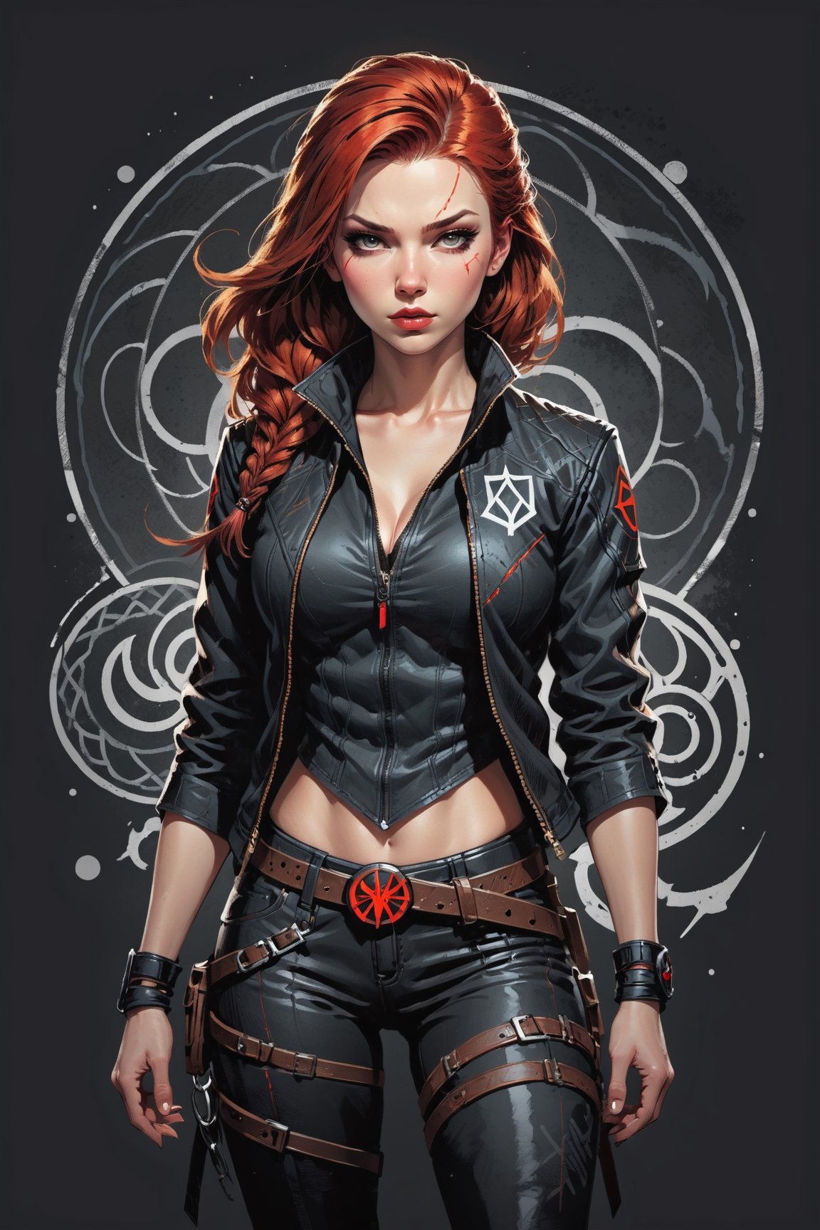 dark, gritty, realistic, mix of bold dark lines and loose lines, bold lines, on paper, turnaround character sheet, a stunningly beautiful (masterpiece, best quality:1.3), (2d:1.3), ink (medium), t-shirt design, White background, Full body, 2D illustration,  (((Black Widow))). bits of color, Sketch book, hand drawn, dark, gritty, realistic sketch, Rough sketch, mix of bold dark lines and loose lines, bold lines, on black paper, turnaround character sheet. ((Half body)), arcane symbols, runes, dark theme, flowing partially braided red hair, large long ponytail, handsome, padded leather clothing, ((black leather pants)), button down shirt, ((leather jacket)), embroidered with runes, modest, leather rune embroidered boots, (sharp lines), lines of bold ink, strong outlines, bold strokes, high contrast, (professional vector), best quality, flat colors, flat lights, no shadows, low levels, ((geometric shapes)), paint splatters, arcane symbols, runes, dark theme, Perfect composition golden ratio, masterpiece, best quality, 4k, sharp focus. Better hand, perfect anatomy, ((safe for work))