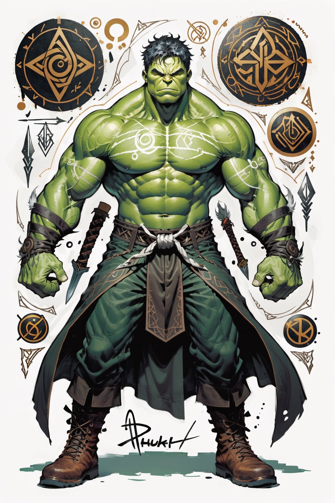 dark, gritty, realistic, mix of bold dark lines and loose lines, bold lines, on paper, turnaround character sheet, a stunningly beautiful (masterpiece, best quality:1.3), (2d:1.3), ink (medium), t-shirt design, White background, Full body, 2D illustration,  ((The Hulk)). bits of color, Sketch book, hand drawn, dark, gritty, realistic sketch, Rough sketch, mix of bold dark lines and loose lines, bold lines, on paper, turnaround character sheet. Close-up of his face, arcane symbols, runes, dark theme, flowing partially braided pale Green hair, handsome, padded leather clothing embroidered with runes, modest, leather rune embroidered boots, (sharp lines), lines of bold ink, strong outlines, bold strokes, high contrast, (professional vector), best quality, flat colors, flat lights, no shadows, low levels, ((geometric shapes)), paint splatters, arcane symbols, runes, dark theme, Perfect composition golden ratio, masterpiece, best quality, 4k, sharp focus. Better hand, perfect anatomy, ((safe for work))