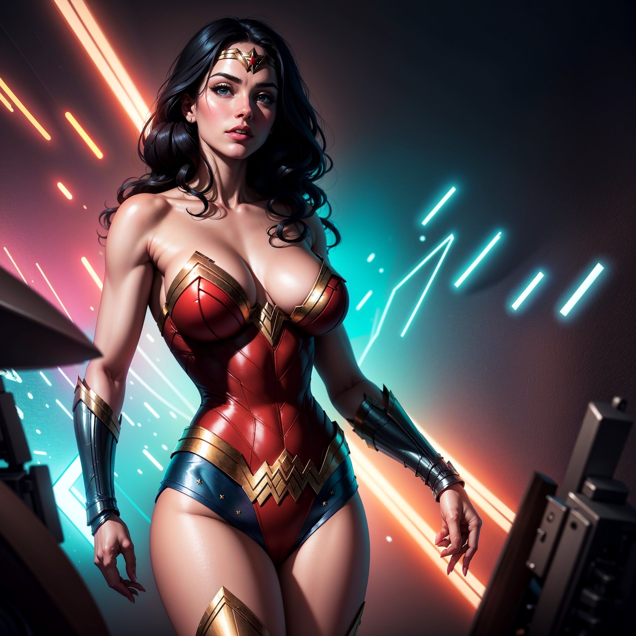 Wonder Woman (big tits) masterpiece, best quality, ((abstract, psychedelic, neon, background)),(creative:1.3), sy3, SMM, fantasy00d