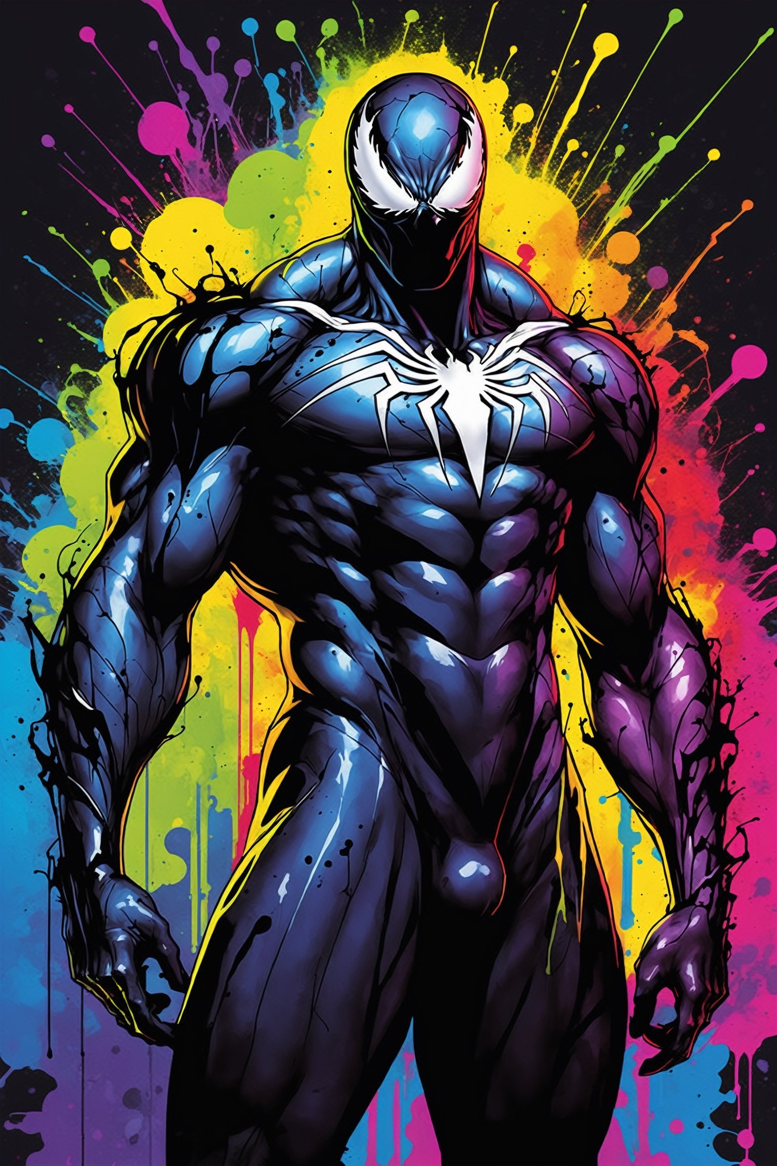 midshot, cel-shading style, centered image, ultra detailed illustration of Venom posing, ((Full Body)), (tetradic colors), ((inkpunk)), ((ink lines)), ink splatter, strong outlines, art by MSchiffer, bold traces, unframed, high contrast, cel-shaded, vector, 4k resolution, best quality, (chromatic aberration:1.8)