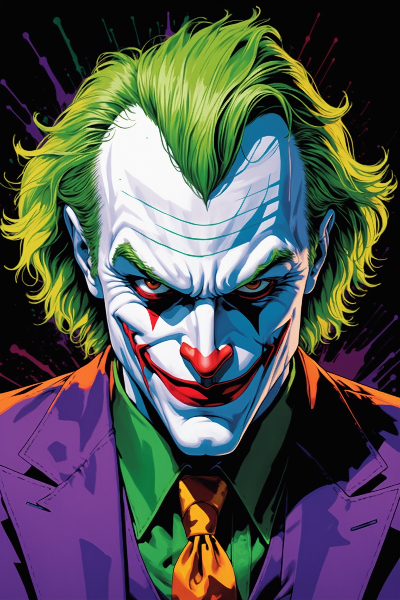 midshot, cel-shading style, centered image, ultra detailed illustration of The Joker, posing, ((Full Body)), (tetradic colors), ((inkpunk)), ((ink lines)), strong outlines, art by MSchiffer, bold traces, unframed, high contrast, cel-shaded, 4k resolution, best quality, (chromatic aberration:1.8)