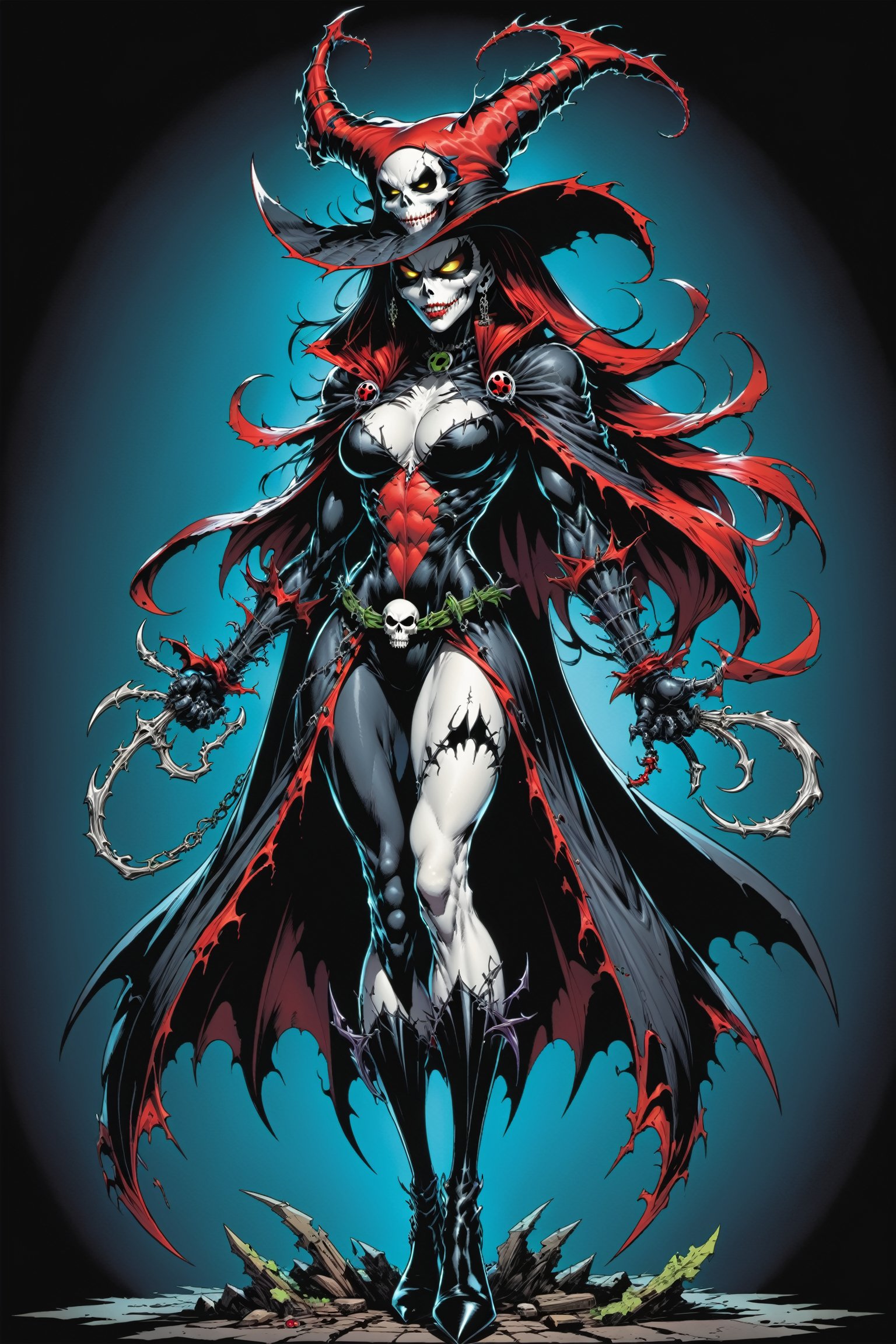 midshot, cel-shading style, centered image, ultra detailed illustration of the comic character ((female Spawn Which by Todd McFarlane)), posing, Black, dress with a skull emblem, ((wearing a large rim pointed hat)),   ((Full Body)), (tetradic colors), inkpunk, ink lines, strong outlines, art by MSchiffer, bold traces, unframed, high contrast, cel-shaded, vector, 4k resolution, best quality, (chromatic aberration:1.8)