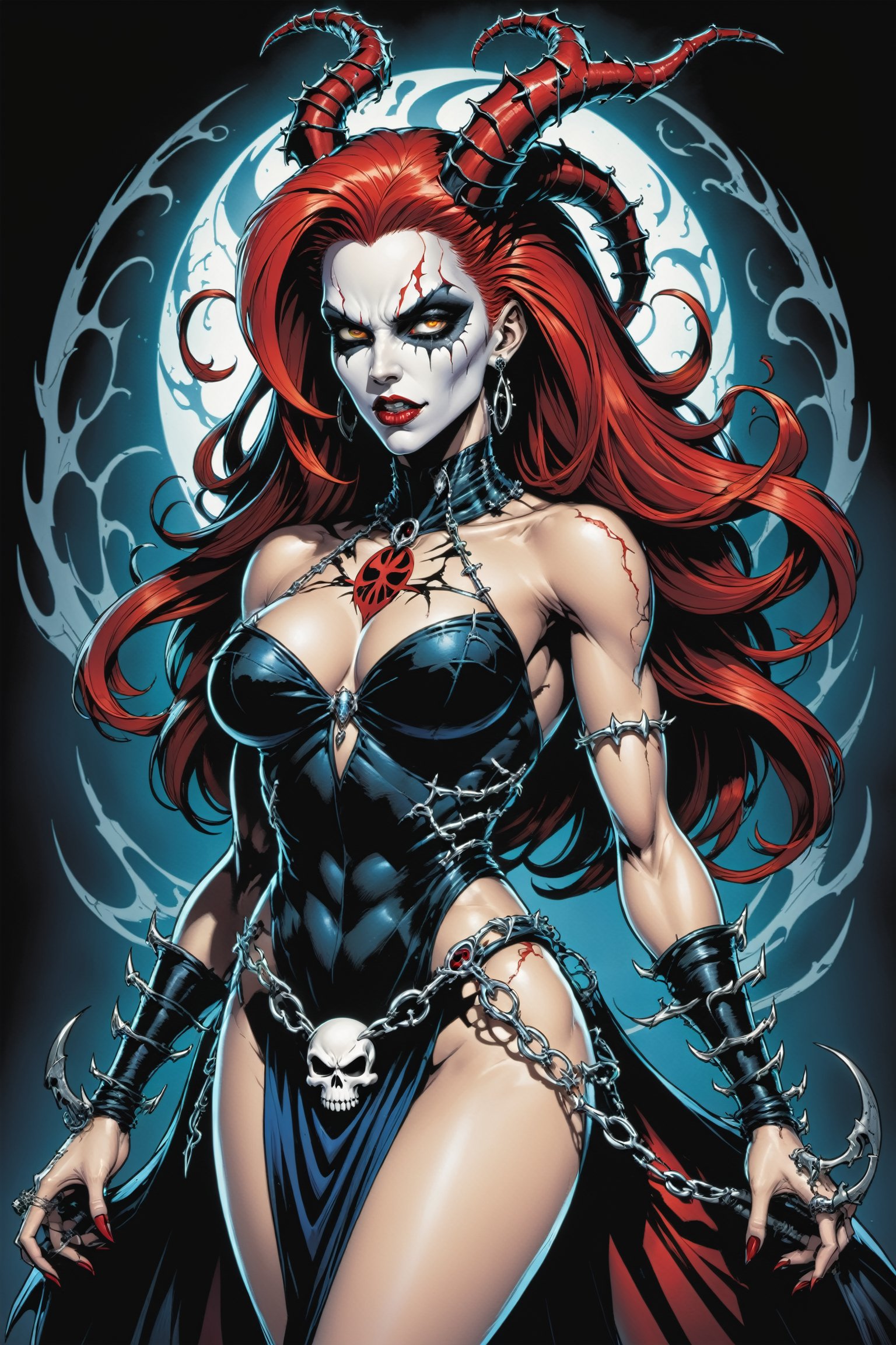 midshot, cel-shading style, centered image, ultra detailed illustration of the comic character ((female Spawn Queen of the Damned by Todd McFarlane)), posing, Black, dress with a skull emblem, ((half Body)), ((View from behind)), (tetradic colors), inkpunk, ink lines, strong outlines, art by MSchiffer, bold traces, unframed, high contrast, cel-shaded, vector, 4k resolution, best quality, (chromatic aberration:1.8)