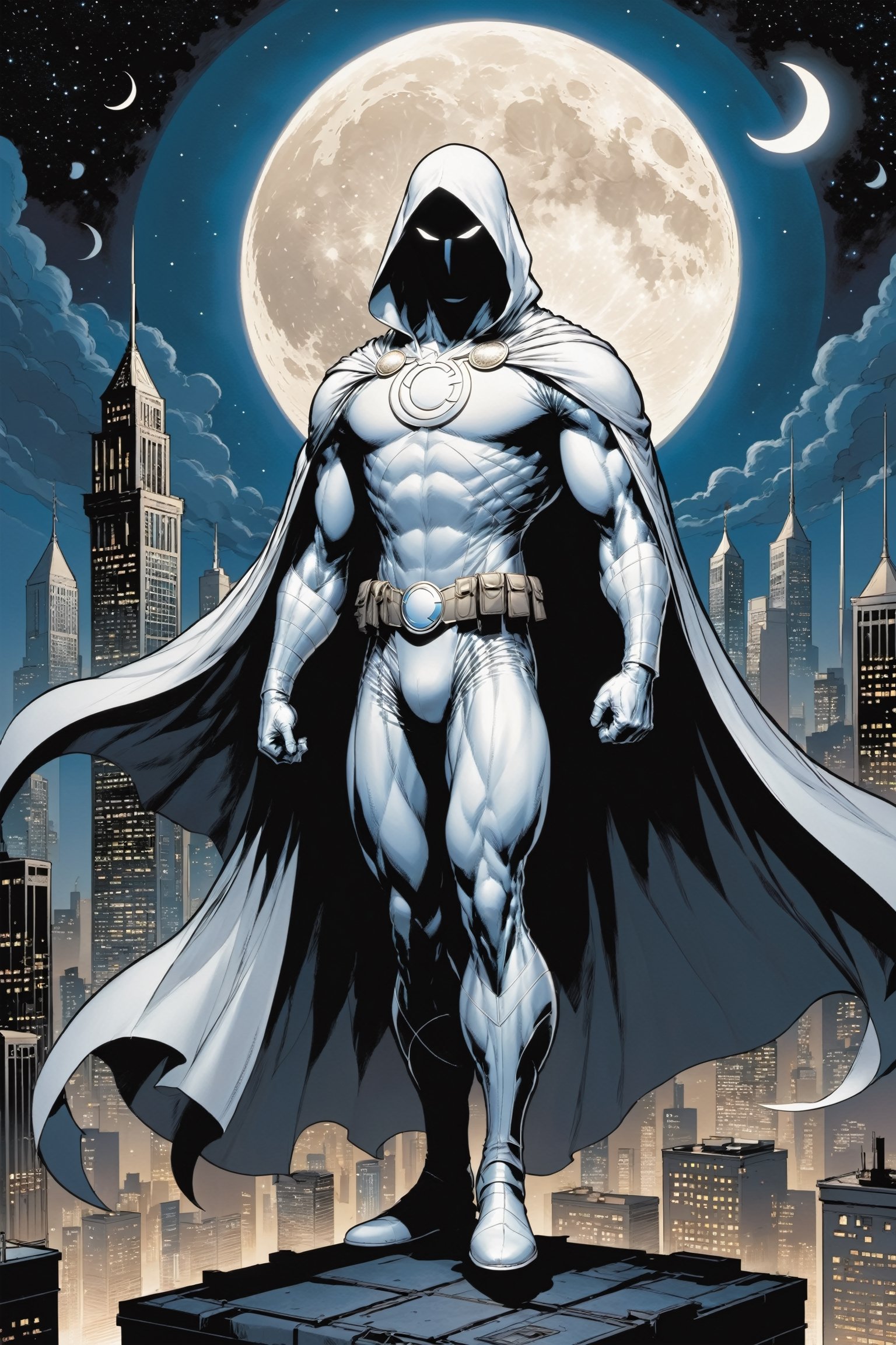 Standing atop a moonlit rooftop, the enigmatic figure known as Moon Knight cuts a striking silhouette against the city skyline. Clad in a suit of White leather, with a hooded cloak, ((adorned with intricate crescent moon motifs)), he exudes an aura of otherworldly power. His muscular physique is accentuated by the tight-fitting suit, which hugs his form like a second skin. A billowing White cape, flows behind him, adding to the air of mystique that surrounds him.

Atop his head rests a hooded cloak and cowl, concealing his features in shadow while his piercing white eyes gleam with an otherworldly intensity. In one hand, he grips a crescent-shaped staff, a versatile weapon capable of both striking down his foes and aiding in his acrobatic feats. On his utility belt, an array of gadgets and tools are holstered, ready to be deployed at a moment's notice.

With an air of silent determination, Moon Knight stands ready to mete out justice upon those who would dare to threaten the innocent, his presence a beacon of hope in the darkness of the night.