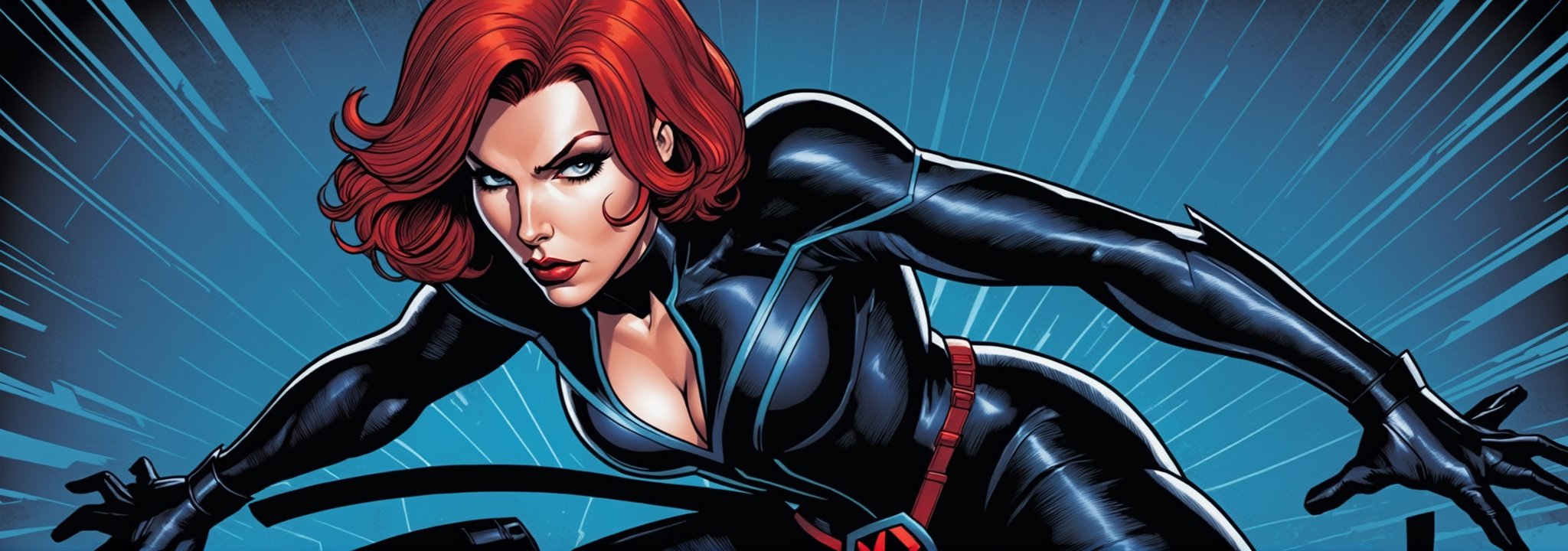 midshot, cel-shading style, centered image, ultra detailed illustration of Black widow, the comic character, posing, (tetradic colors), inkpunk, ink lines, strong outlines, art by MSchiffer, bold traces, unframed, high contrast, cel-shaded, vector, 32k resolution, best quality, (chromatic aberration:1.8)